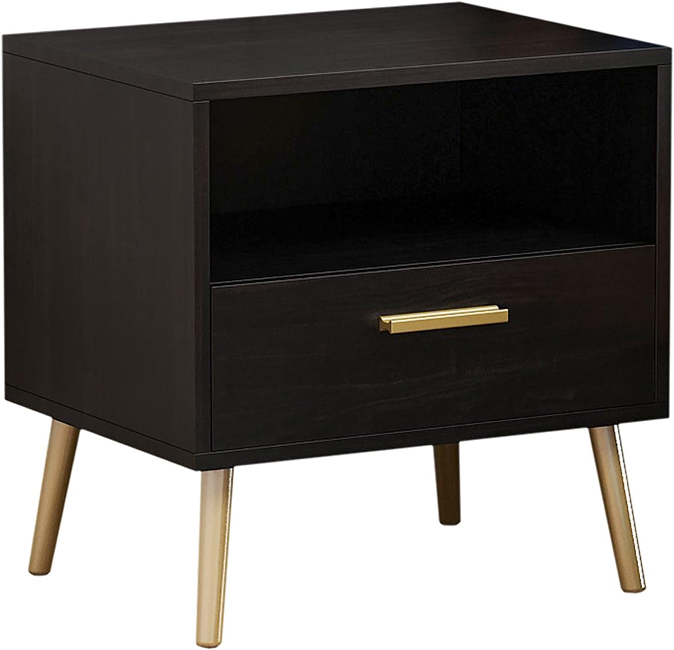 FUFU&GAGA Nightstand Set of 2 Modern Bedside Table with Metal Legs Minimalist and Versatile End Side Table, 1 Drawer & 1 Open Shelf (Black Brown)
