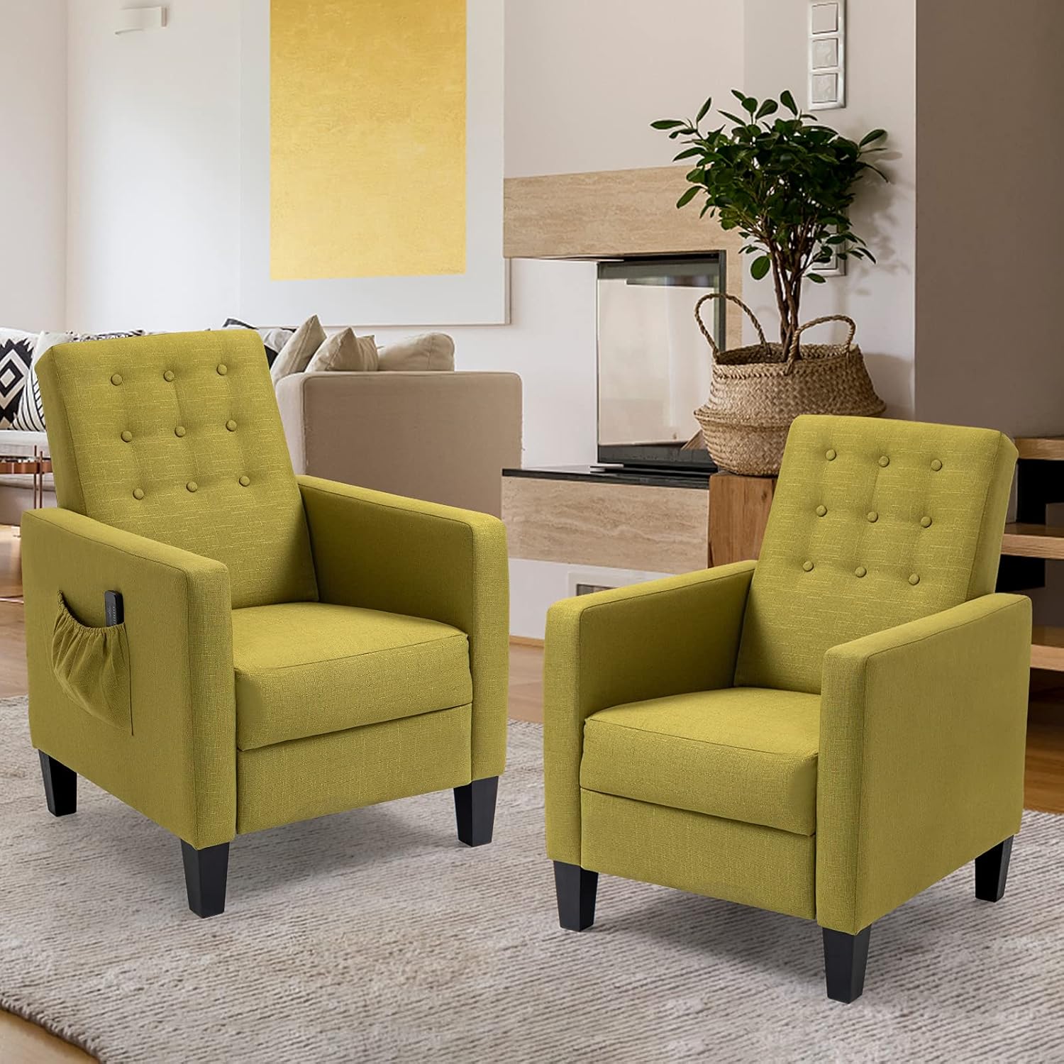 ECOTOUGE Massage Mid-Century Modern Fabric Recliner, 2 Set of Push Back Recliner Chair w/Side Pocket and Button Tufted Single Sofa Chair for Livingroom Bedroom Home and Office, Green