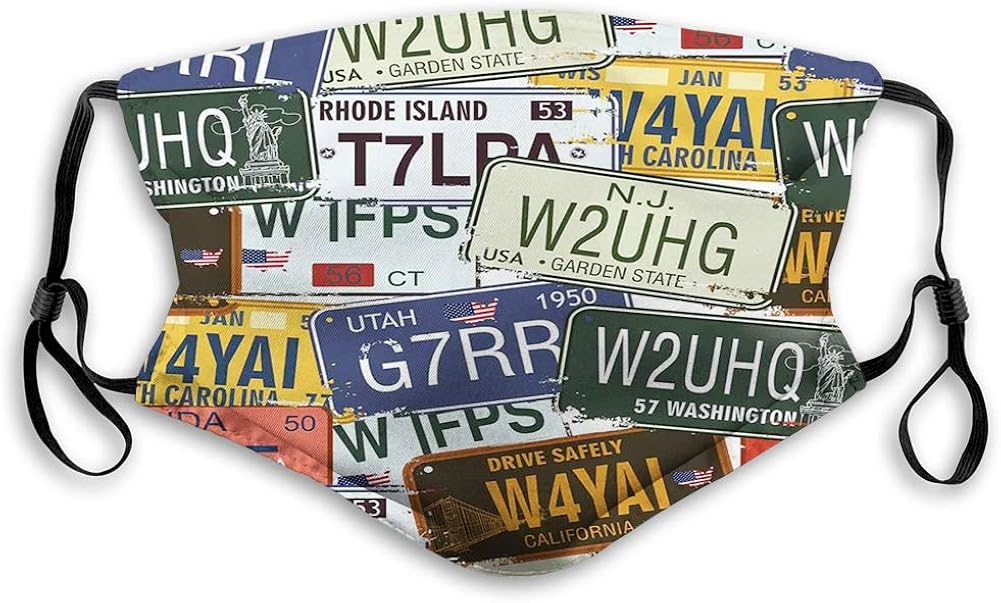 Comfortable Printed mask,Vintage, Original Retro Style License Plates Personalized Creative Travel Vacation, Blue Green,Windproof Facial decorations for Adults Size：M
