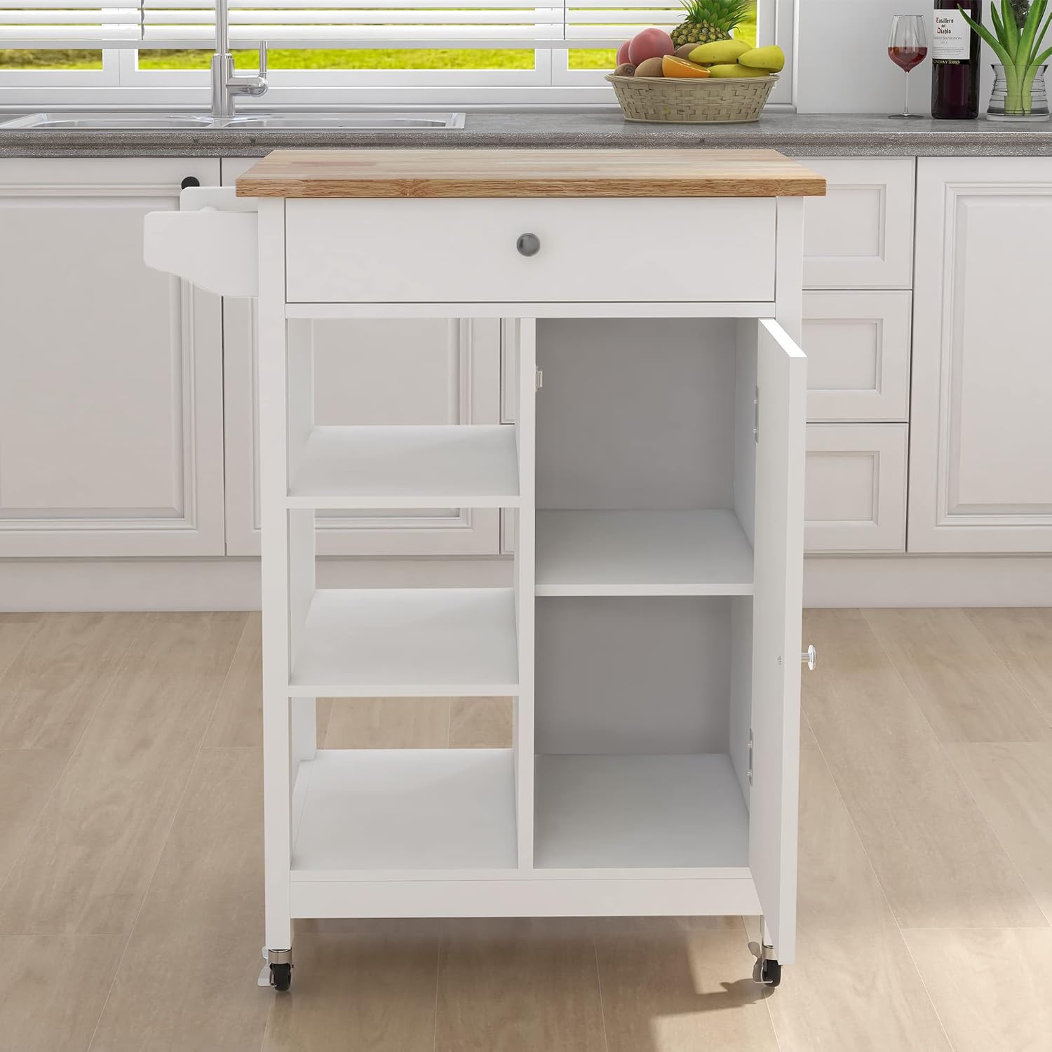 AWQM Kitchen Island Cart, Small Rolling Island with Open Storage Shelf and Drawer, Kitchen Trolley Cart with Towel Rack on Wheels for Home Kitchen, White Kitchen Island002