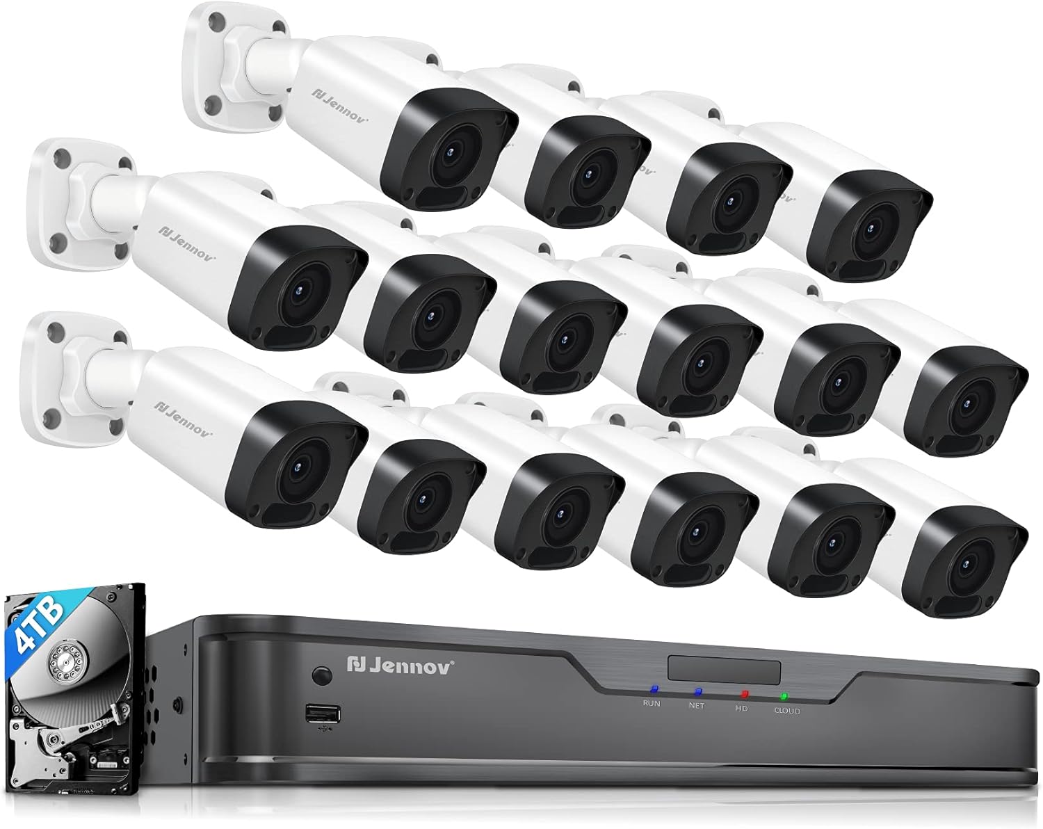 Jennov 16CH 4K PoE Security Camera System, 16pcs Wired 8MP Outdoor PoE IP Surveillance Cameras, 4K 16CH NVR with 4TB HDD, Plug&Play, Night Vision, Easy Remote Access, Motion Alert