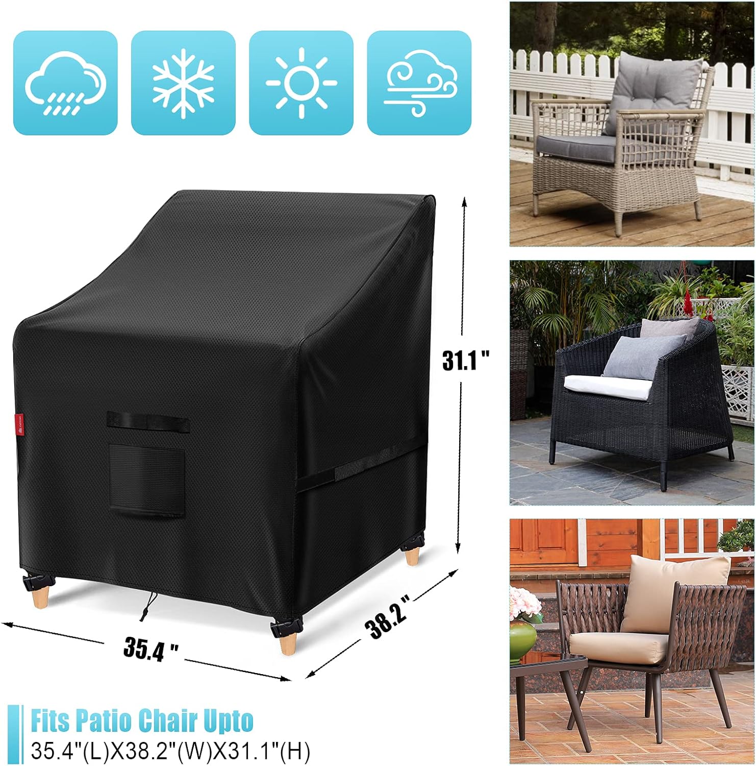 GARPROVM Patio Chair Covers, Outdoor Patio Furniture Covers Waterproof, Lawn Patio Deep Seat Covers with Adjustable Drawstring and Strap Buckles Fits up to 35 x 38 x 31inches (Black, 2 pack)
