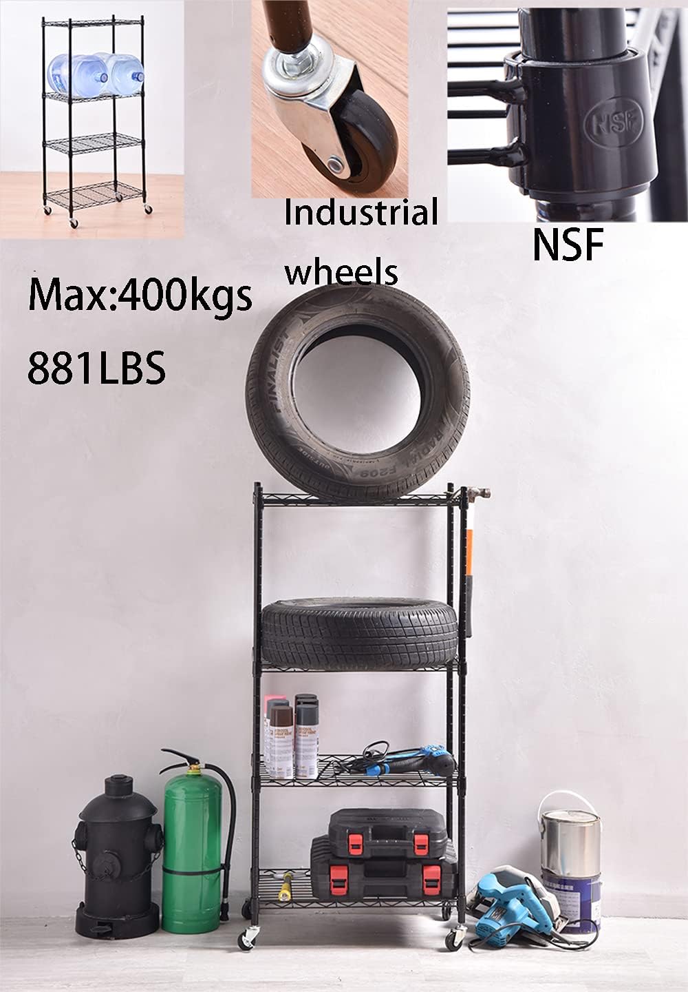 Yin 4-Shelf Metal Shelf Organizer on 4”Wheel Casters -Wire Shelving Certified NSF -Heavy Duty Garage Shelving Wire Rack ,Black (24”L x 14”W x 47”H) Pack of 2