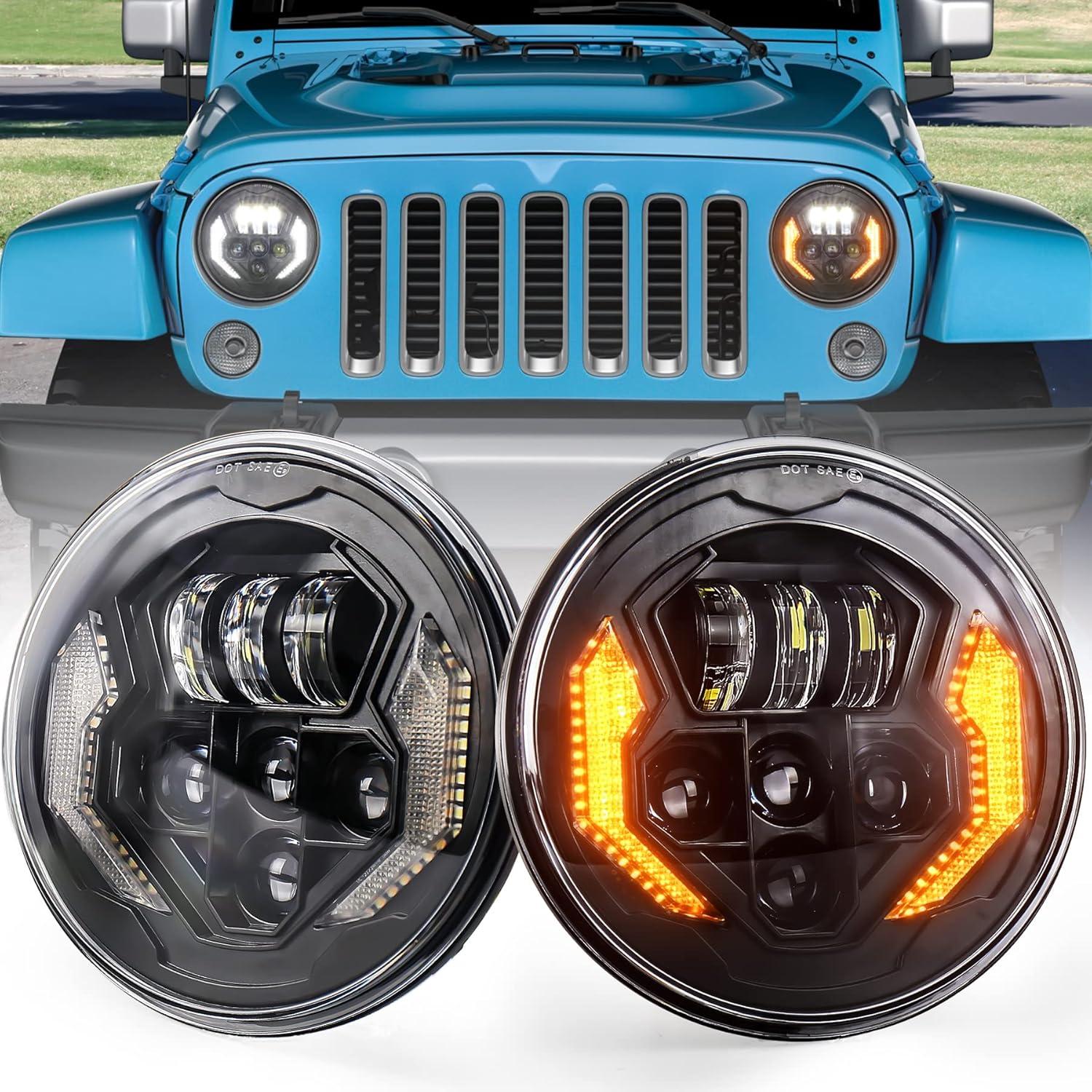 PXPART JK Headlights, Newest Round LED Headlights 7 Inch Black With DRL Amber Turn Signal DOT&nbsp;Approved Compatible With Jeep Wrangler JK TJ CJ LJ Land Rover Hummer