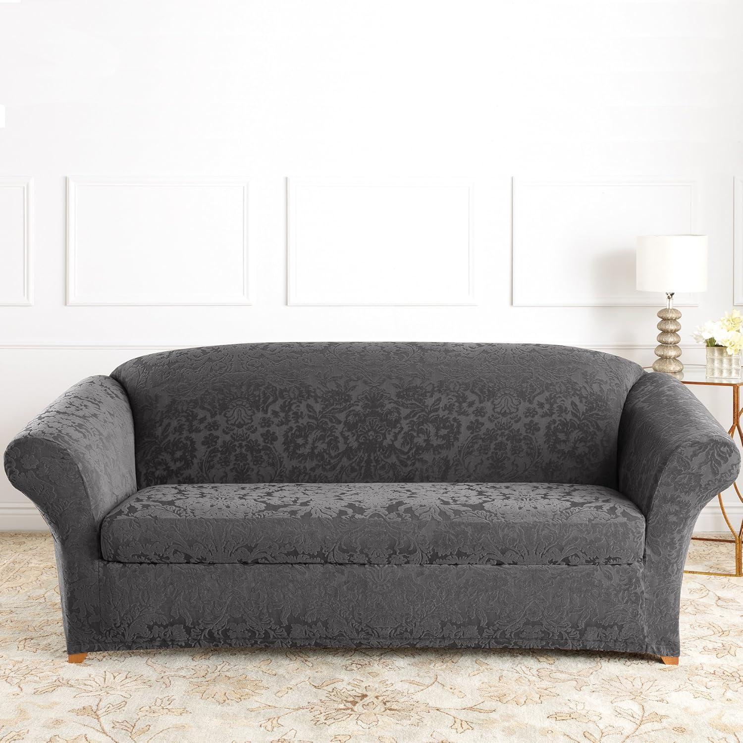 Surefit Stretch Jacquard Damask Box Cushion Sofa Two Piece Slipcover, Form Fit, Polyester/Spandex, Machine Washable, Gray