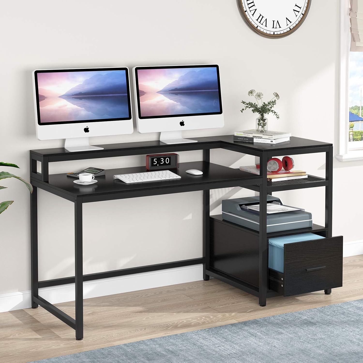 TIYASE Computer Desk with Hutch and Storage Shelves, 59 inch Large Modern Home Office Desk Computer Table Study Writing Desk Workstation with File Drawer and Monitor Shelf (Black)