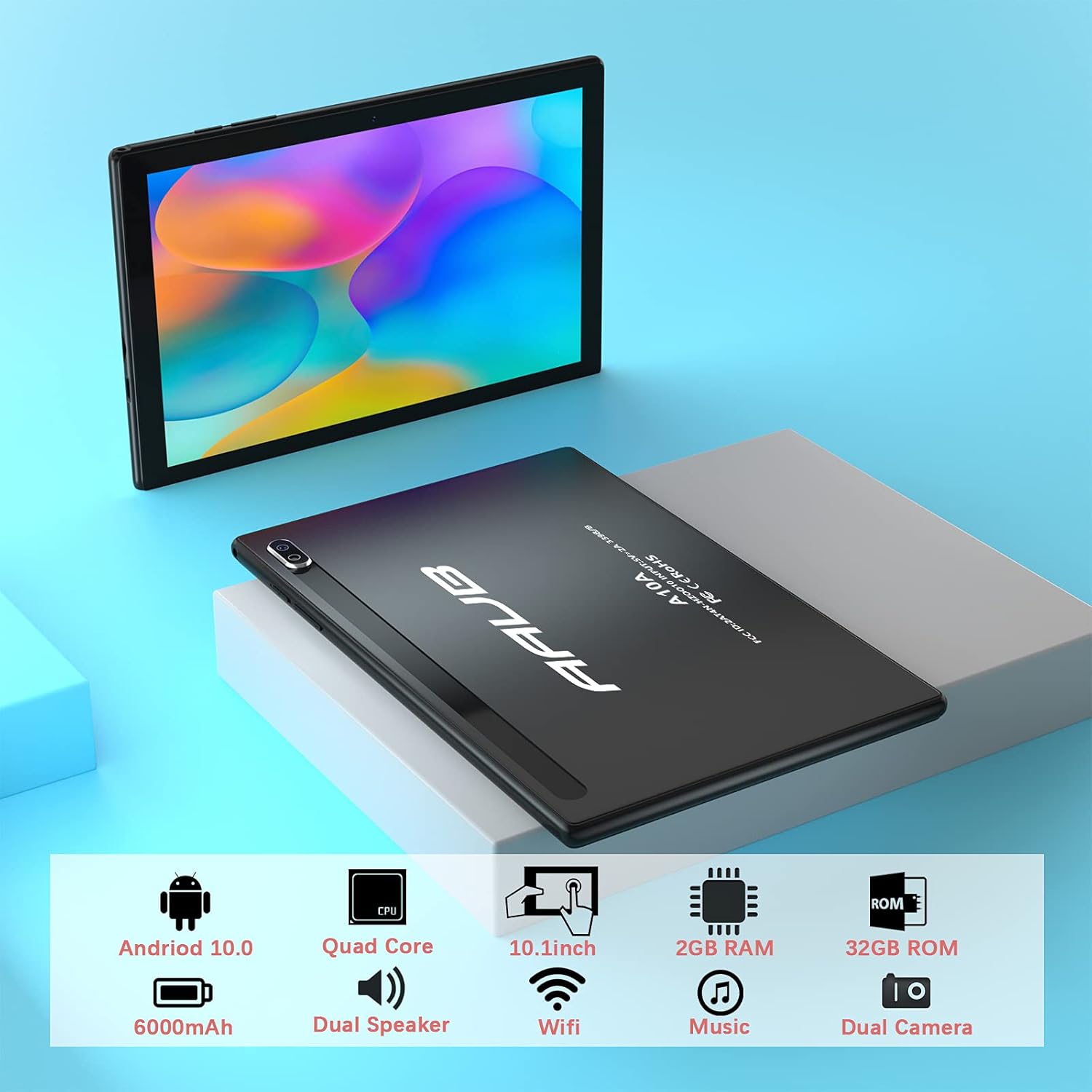 10 inch Tablet, Android 10.0 OS, 2GB + 32GB Storage, Quad-Core Processor, 1280x800 HD Touchscreen, Dual Camera 2MP + 8MP, 6000mAh Long-Lasting Battery, 2.4G WiFi Bluetooth 4.2 Portable Adult PC Black