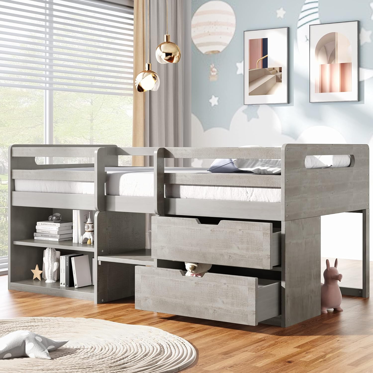 Multi-Functional Wood Loft Bed, Merax Space-Saving Twin Size Low Loft Bed with Three Shelves, Two Drawers and Full-Length Guardrail, Antique Gray
