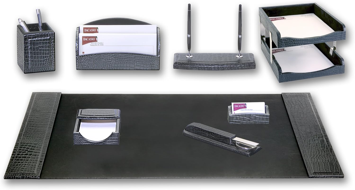 Dacasso Crocodile Embossed Leather Desk Set, 10pcs, Black