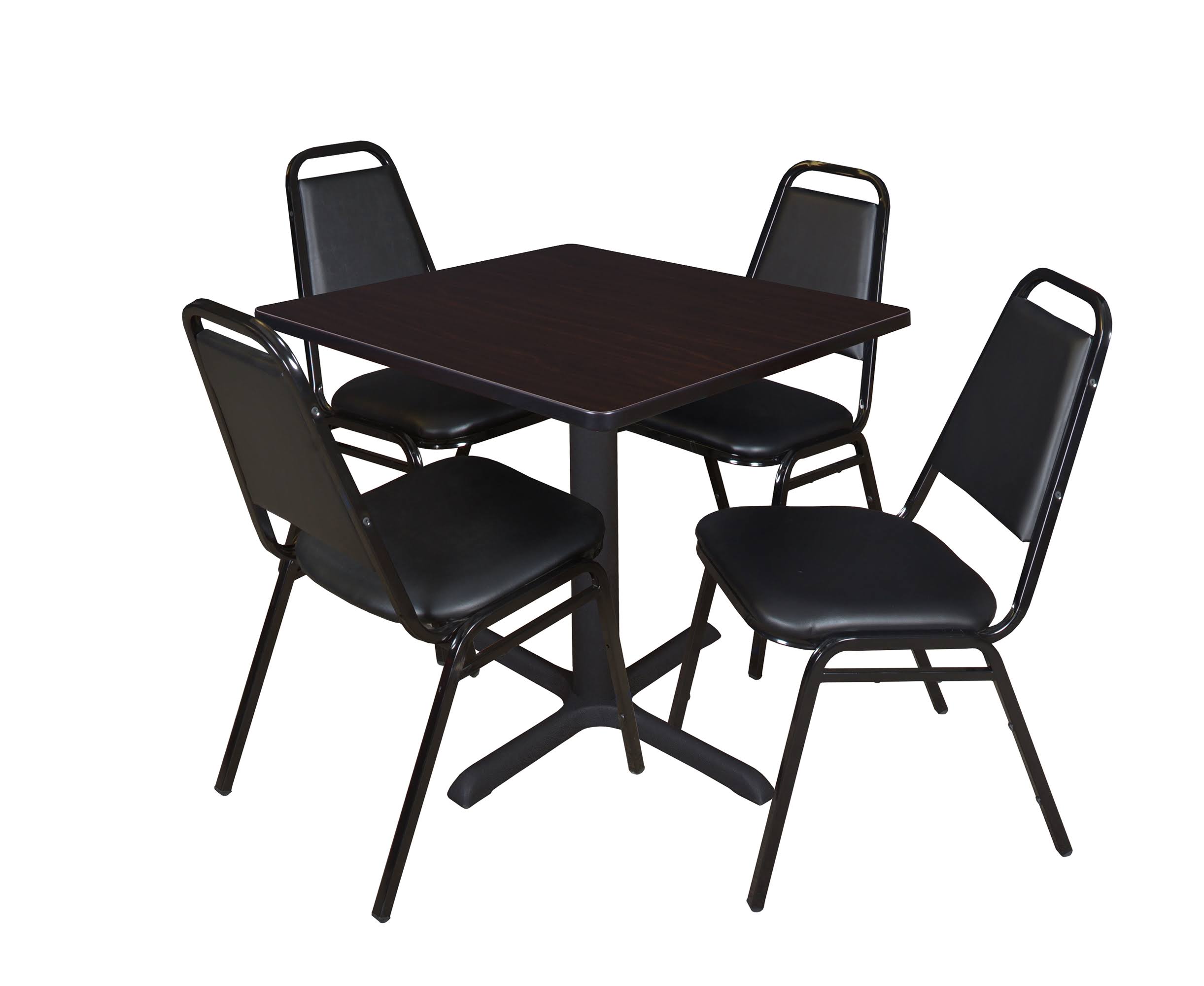 Cain 36x22 Square Breakroom Table- Mocha Walnut u0026 4 Restaurant Stack Chairs- Black - Regency - TB3636MW29BK