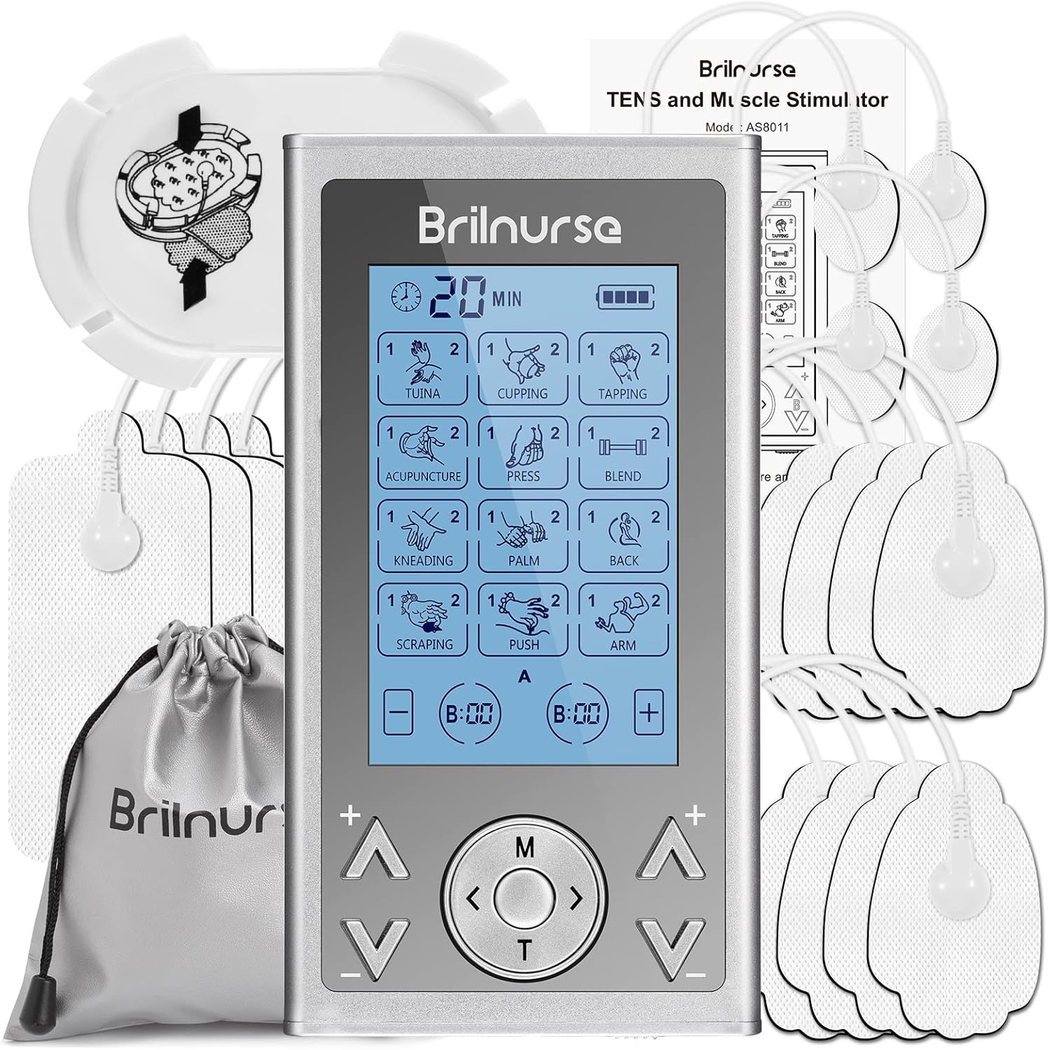 Brilnurse 4 Outputs TENS Unit Muscle Stimulator Machine with 16 Electrode Pads, Electric Pulse Massager Rechargeable TENS Machine 24 Modes 20 Level Intensity for Pain Relief Therapy