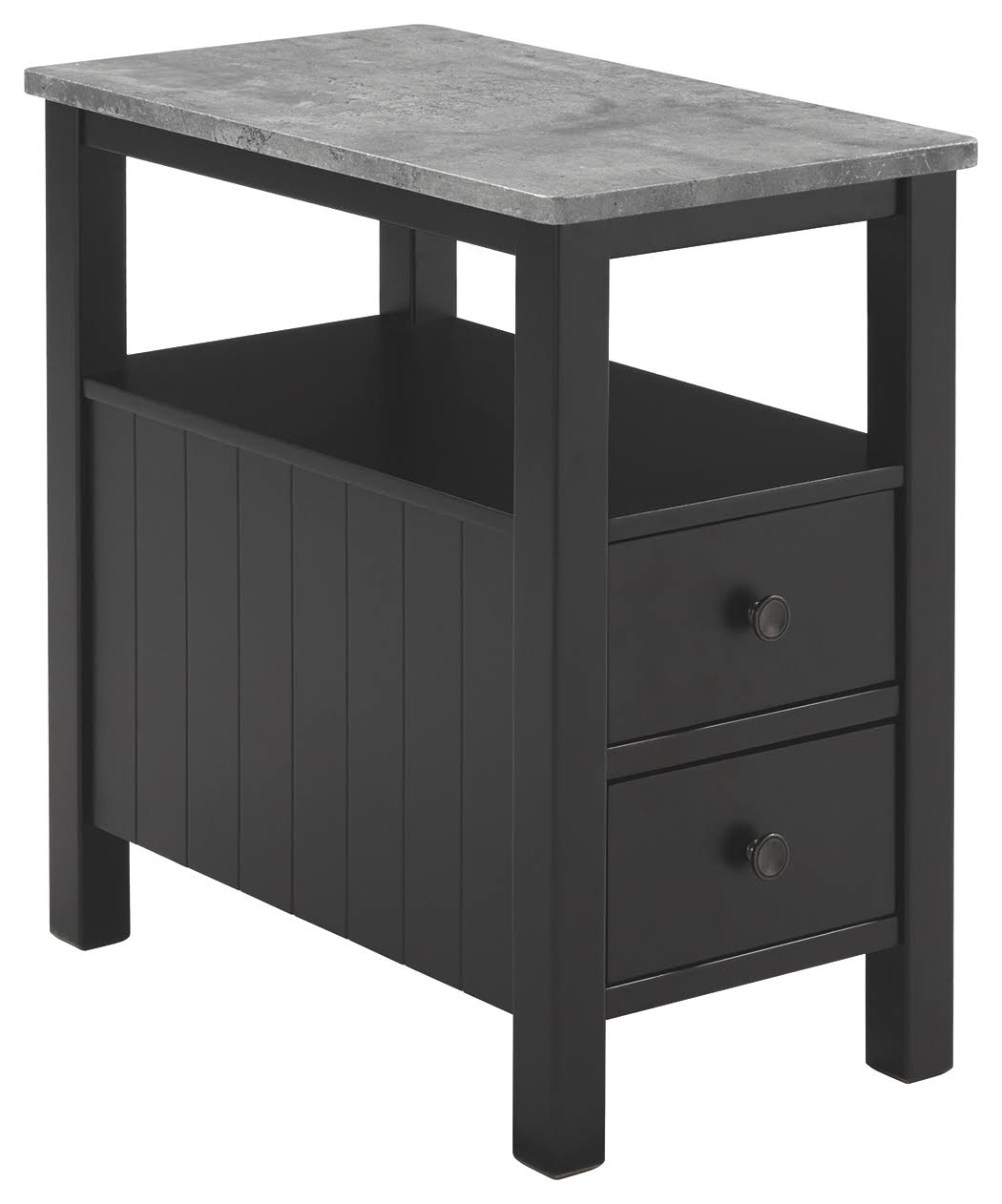 Benjara Chair Side End Table with Faux Marble Top and 2 Drawers, Black and Gray