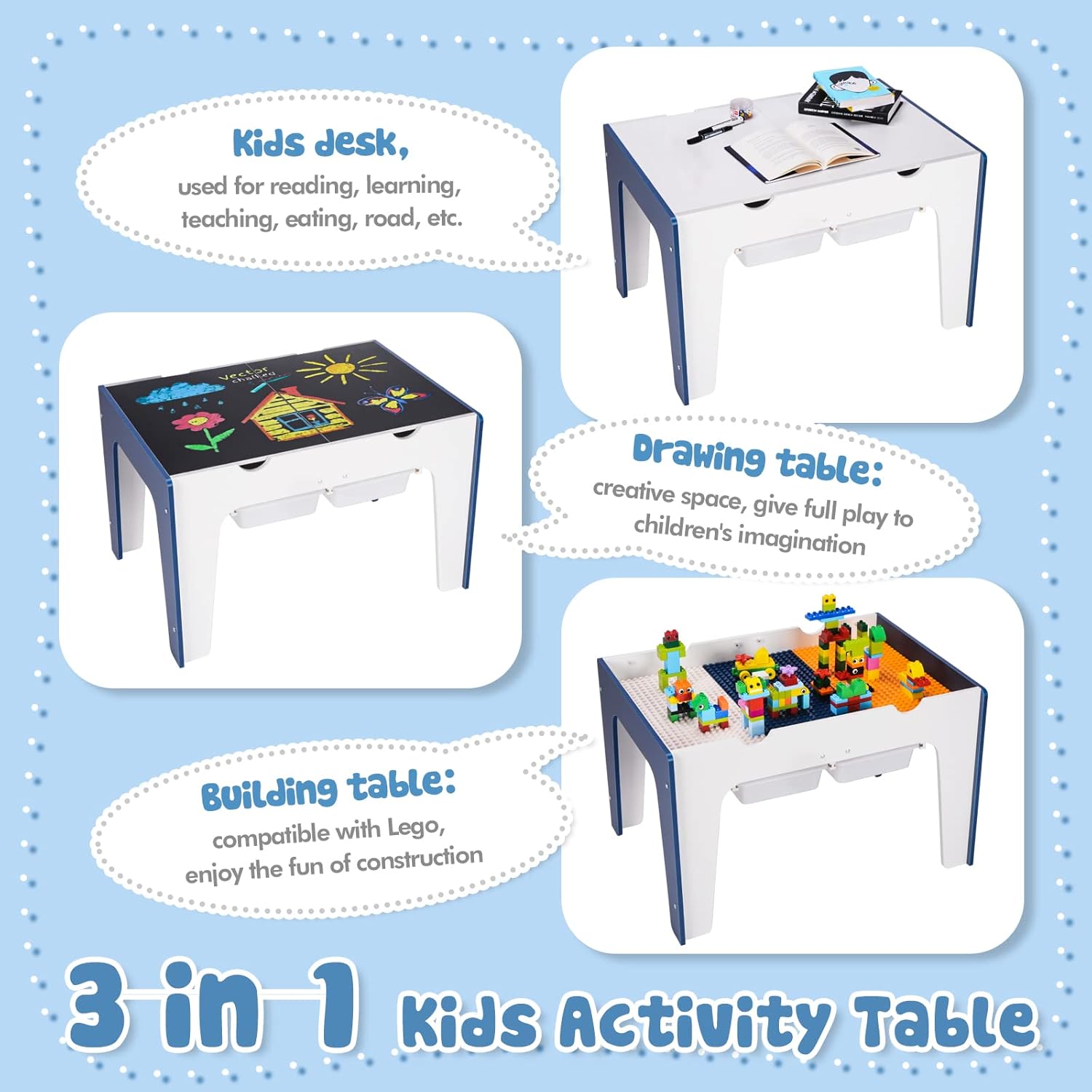 XCSOURCE 3 in 1 Kids Activity Table with Storage, Kids Play Table with 4 Drawers, Wooden Kids Desk for Drawing, Art, Eating,Reading,Playroom