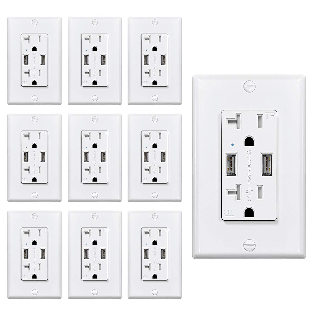 (10 Pack) CML 3.6A Dual USB Receptacle Outlet, 20 Amp Tamper Resistant Outlet with Wallplate, UL Listed, 3-Year&nbsp;Warranty, White