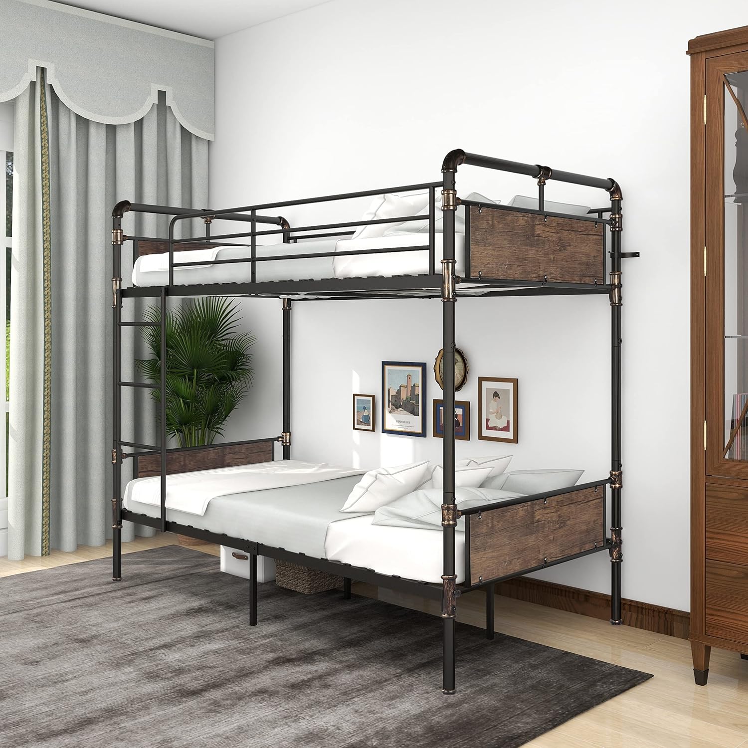 Retro Metal Bunk Bed-Detachable for Use As Two Beds,Twin Over Twin with Stairs and Rustic Wood Headboard Footboard/Steel Slat Support/Safety Guard Rail/Easy Assembly,Dark Brown Twin