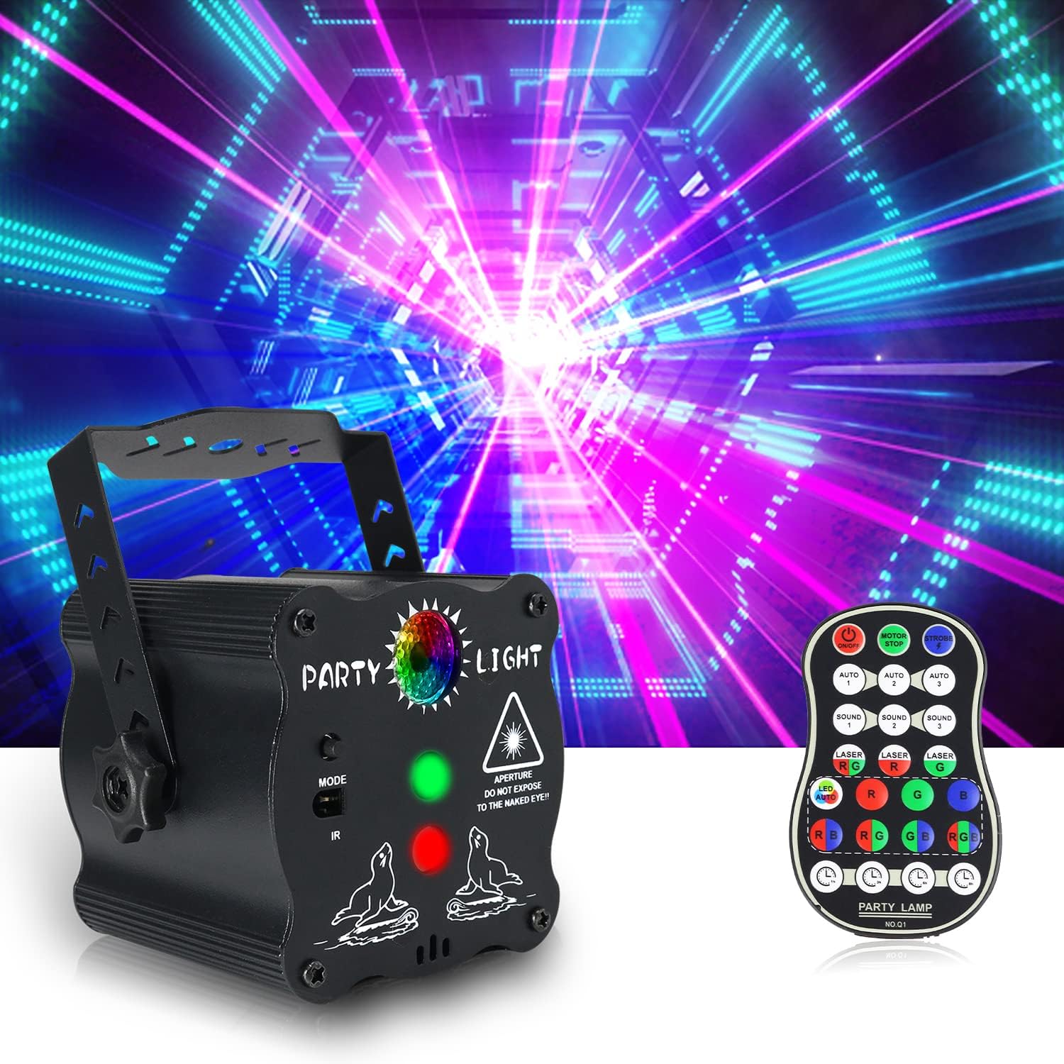 Party Lights DJ Disco Lights, Rave Light + LED Disco Projector 2 in 1 with Remote Control, USB Powered RGB Sound Activated Strobe Light for Christmas Halloween Decorations Karaoke Pub KTV Bar Pack of 2