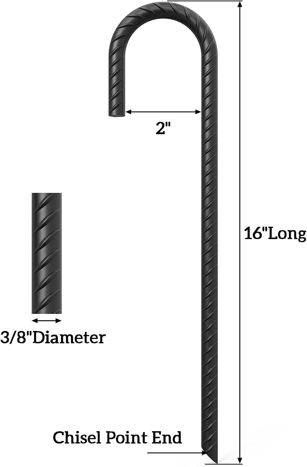 AAGUT 16&rdquo; Rebar Stakes Heavy Duty J Hook 24 Pcs Ground Anchors Black Steel Metal Garden Stake Yard Spikes for Camping Tent, Chain Link Fence