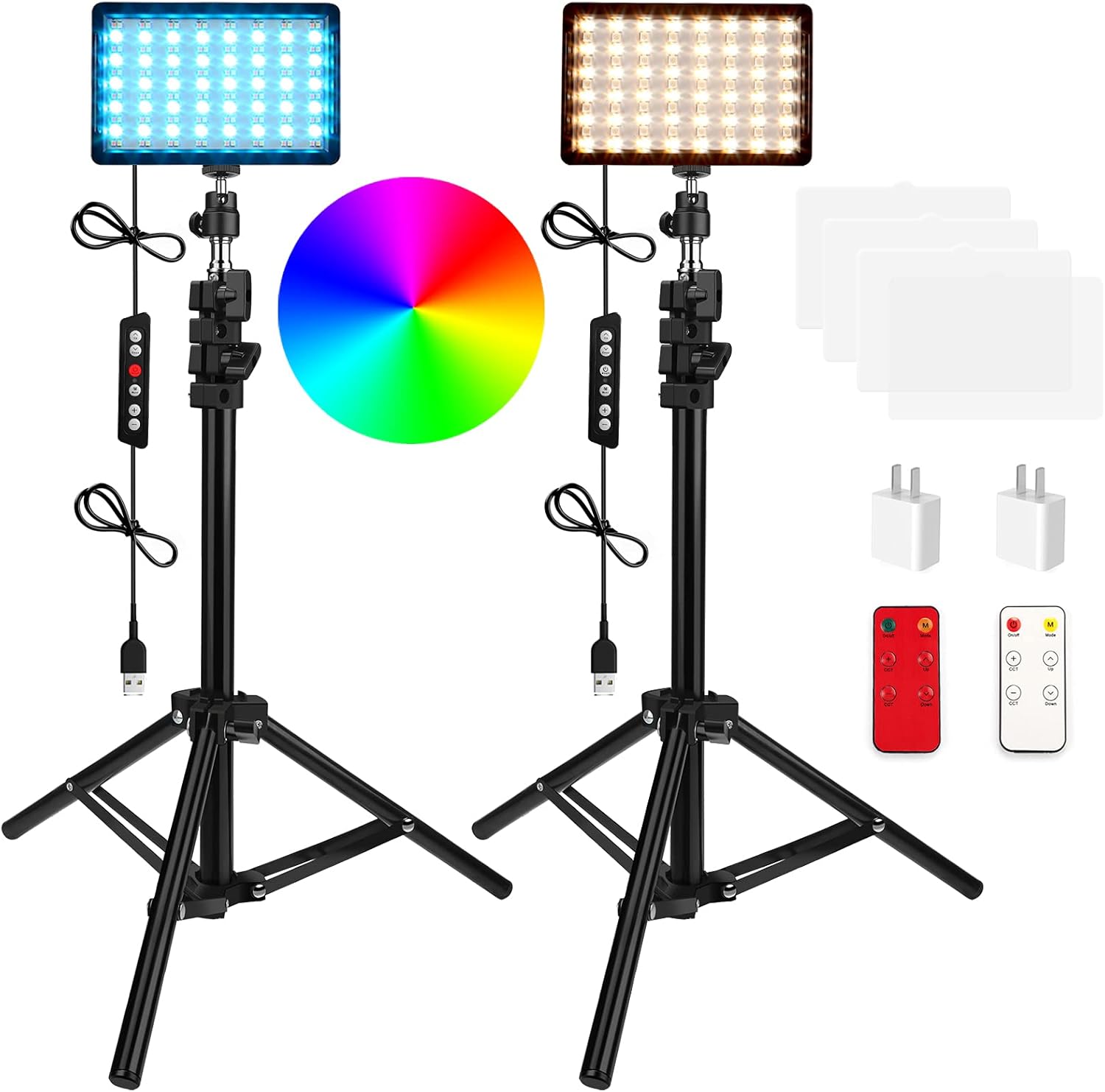 QEUOOIY 2 Packs RGB LED Video Light with Adjustable Tripod Stand/White Filters, Dimmable 2500-6500K USB Video Conference Lighting Kit for YouTube Photography/Game Zoom Live, TikTok, 1.2M Pack of 2
