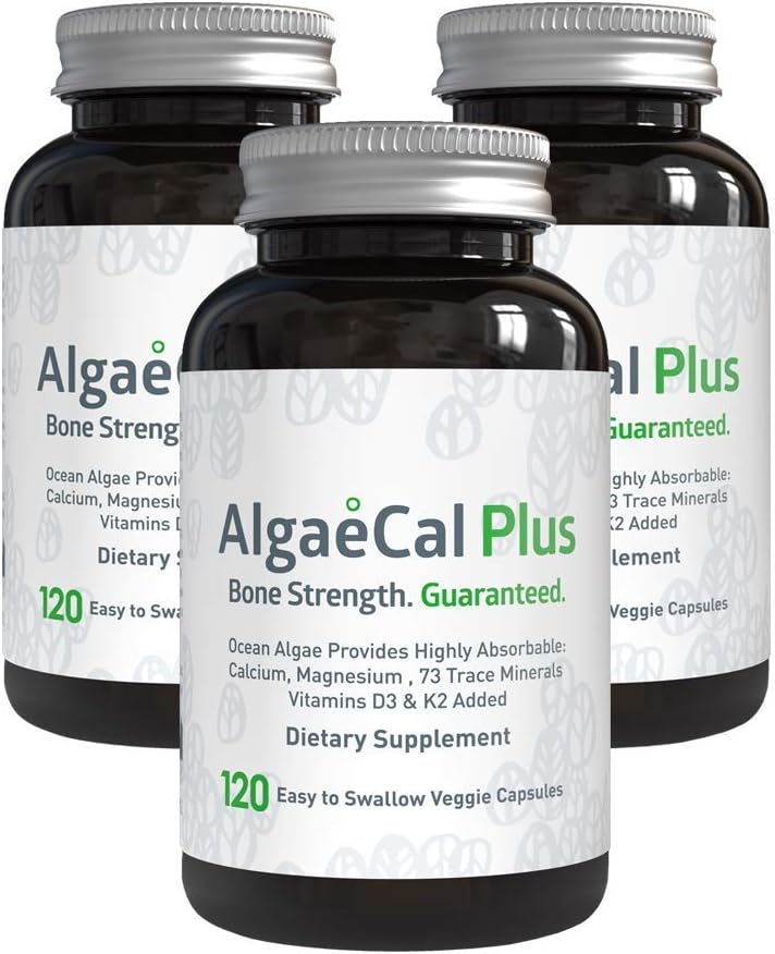 AlgaeCal Plus, Natural Calcium Supplement, Derived from Ocean Algae, Includes Magnesium & Boron, with Vitamins C, D, K2, Plant-Based Multivitamin to Build Strong Bones (3 Pack)