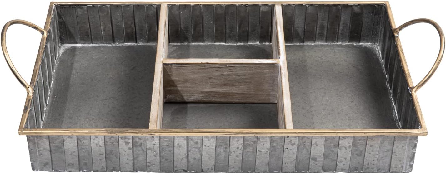 Rustic Metal Serving Tray, Decorate Compartment Tray with 4 Wood Dividers, Metal Handles, Rectangulaar Decorative Storage Box Pack of 2