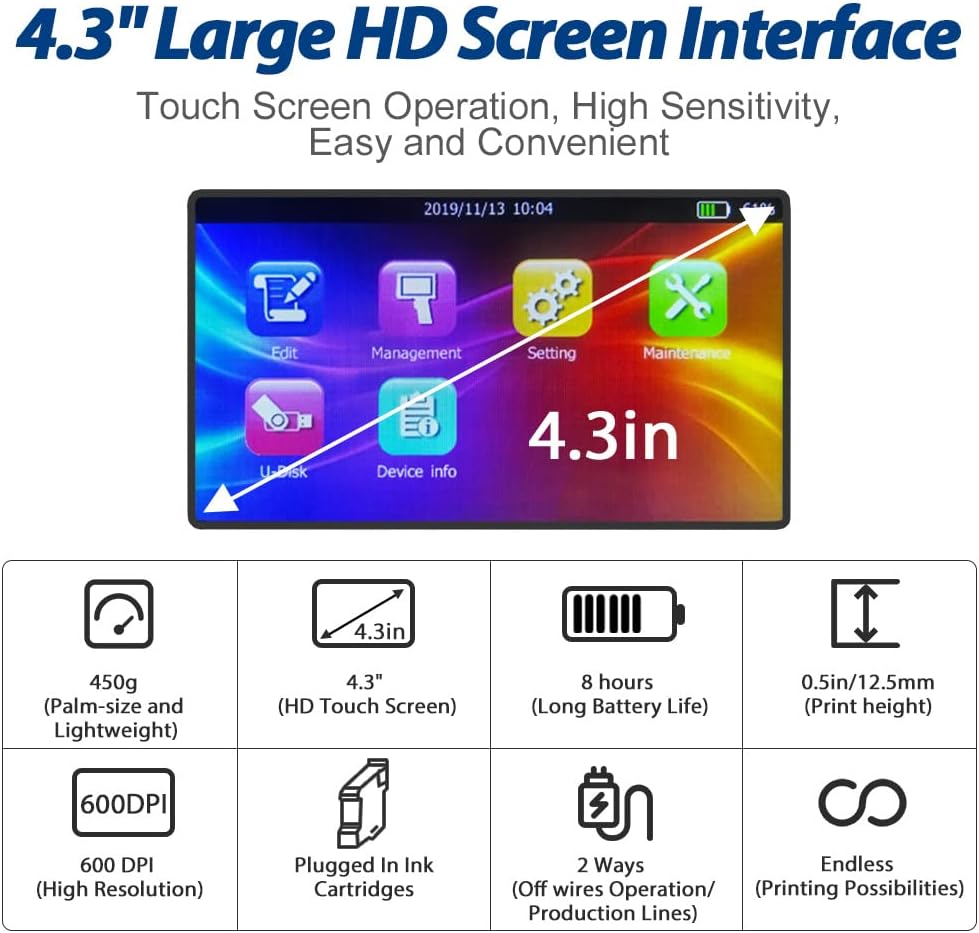 BENTSAI BT-HH6105B2 Handheld Inkjet Printer BT-HH6105B2 with 4.3 Inch HD LED Touch Screen Portable Coding Machine for Logo Barcode Label Series Number Production Date (Blue)