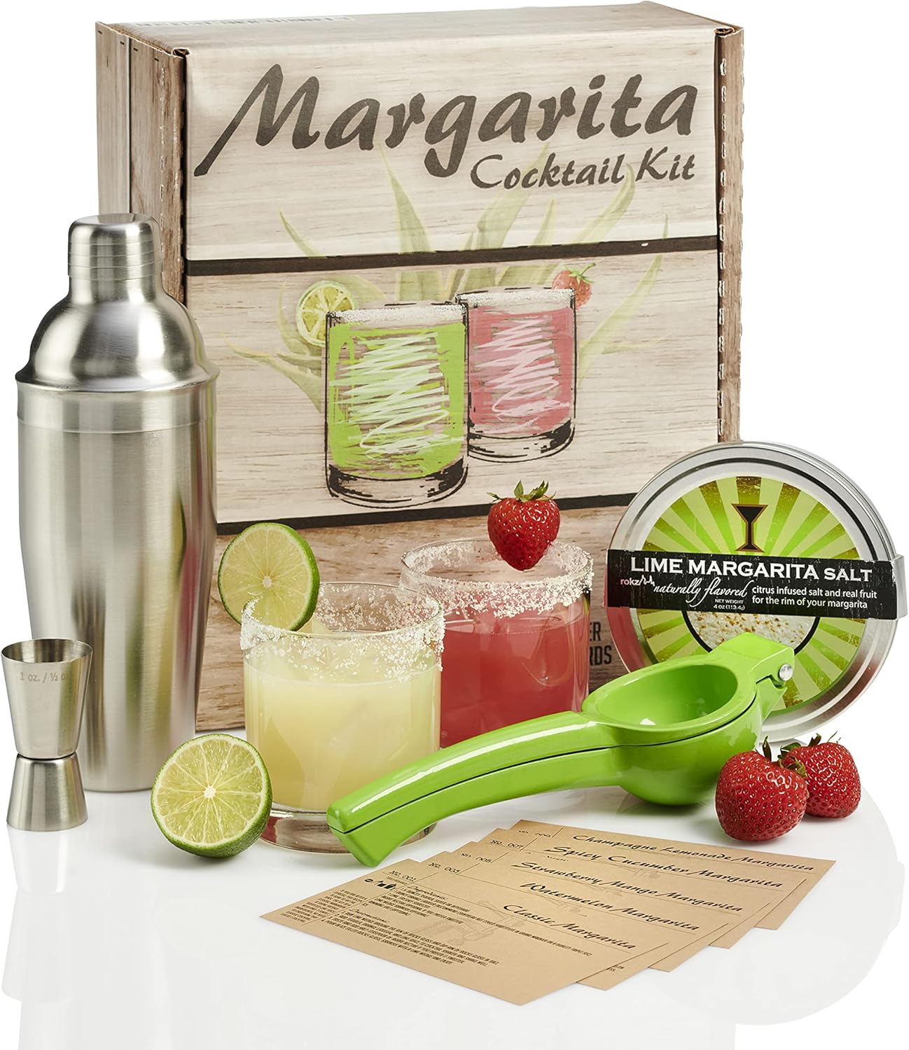Margarita Cocktail Kit - Set of Rocks Glasses | Stainless Cocktail Shaker & Jigger | Citrus Squeezer | Rokz Lime Infused Margarita Salt | Recipe Cards. Accessories to Craft Perfect Margaritas at Home! Pack of 2