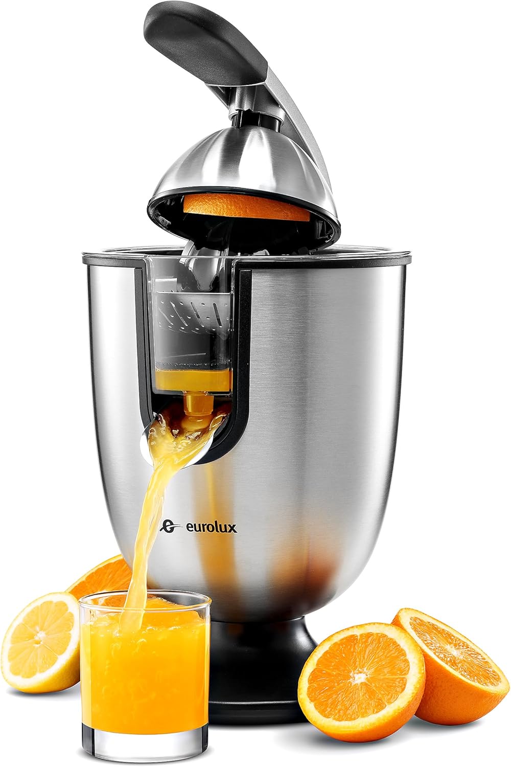 Eurolux Electric Citrus Juicer Squeezer, for Orange, Lemon, Grapefruit, Stainless Steel 160 Watts of Power Soft Grip Handle and Cone Lid for Easy Use (ELCJ-1700S) Pack of 2
