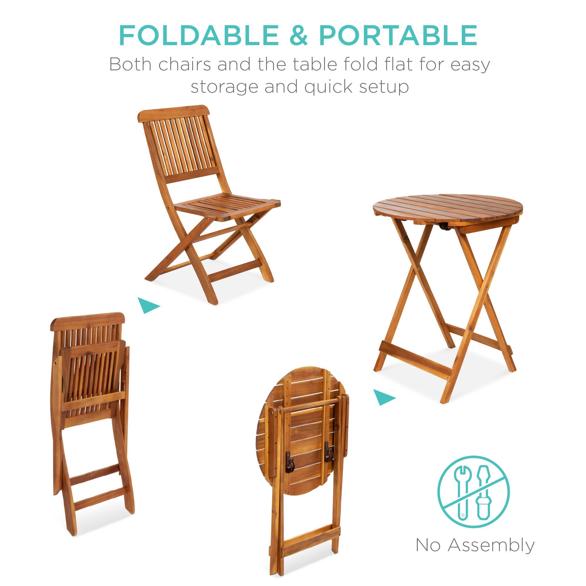Best Choice Products 3-Piece Acacia Wood Bistro Set, Folding Patio Furniture w/ 2 Chairs, Table, Teak Finish - Natural, Brown