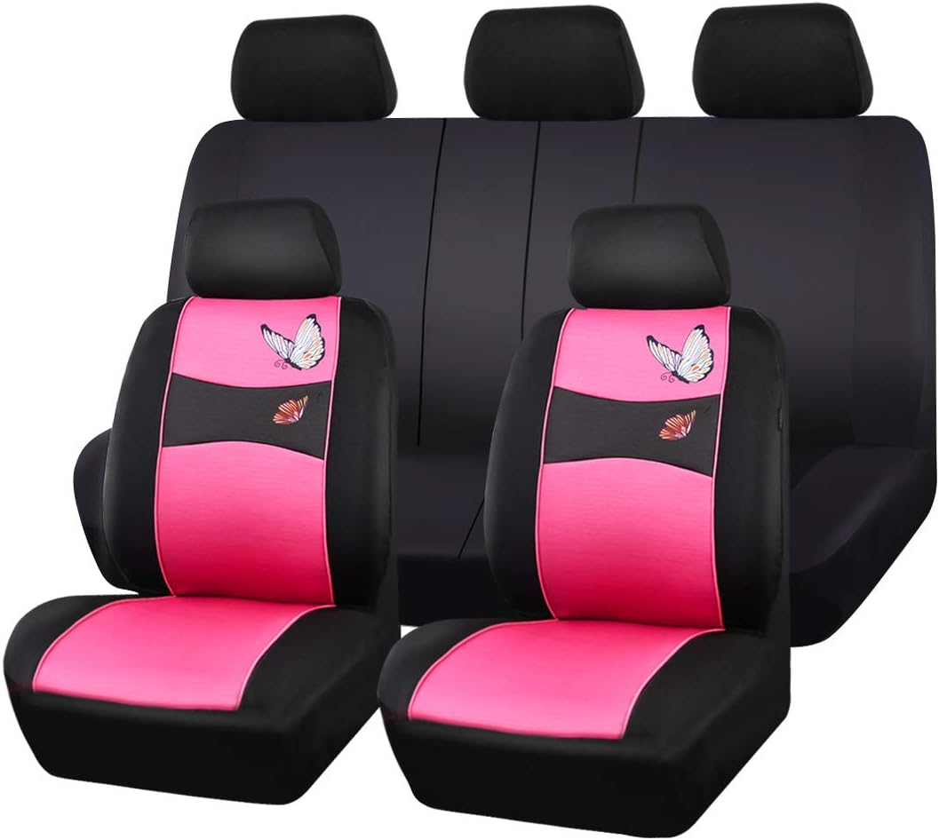 HORSE KINGDOM Universal Butterfly Car Seat Covers Cloth, Full Set, Breathable, Airbag Compatible, Interior Accessories for Cars, Vans, SUV, Vehicles(Pink)
