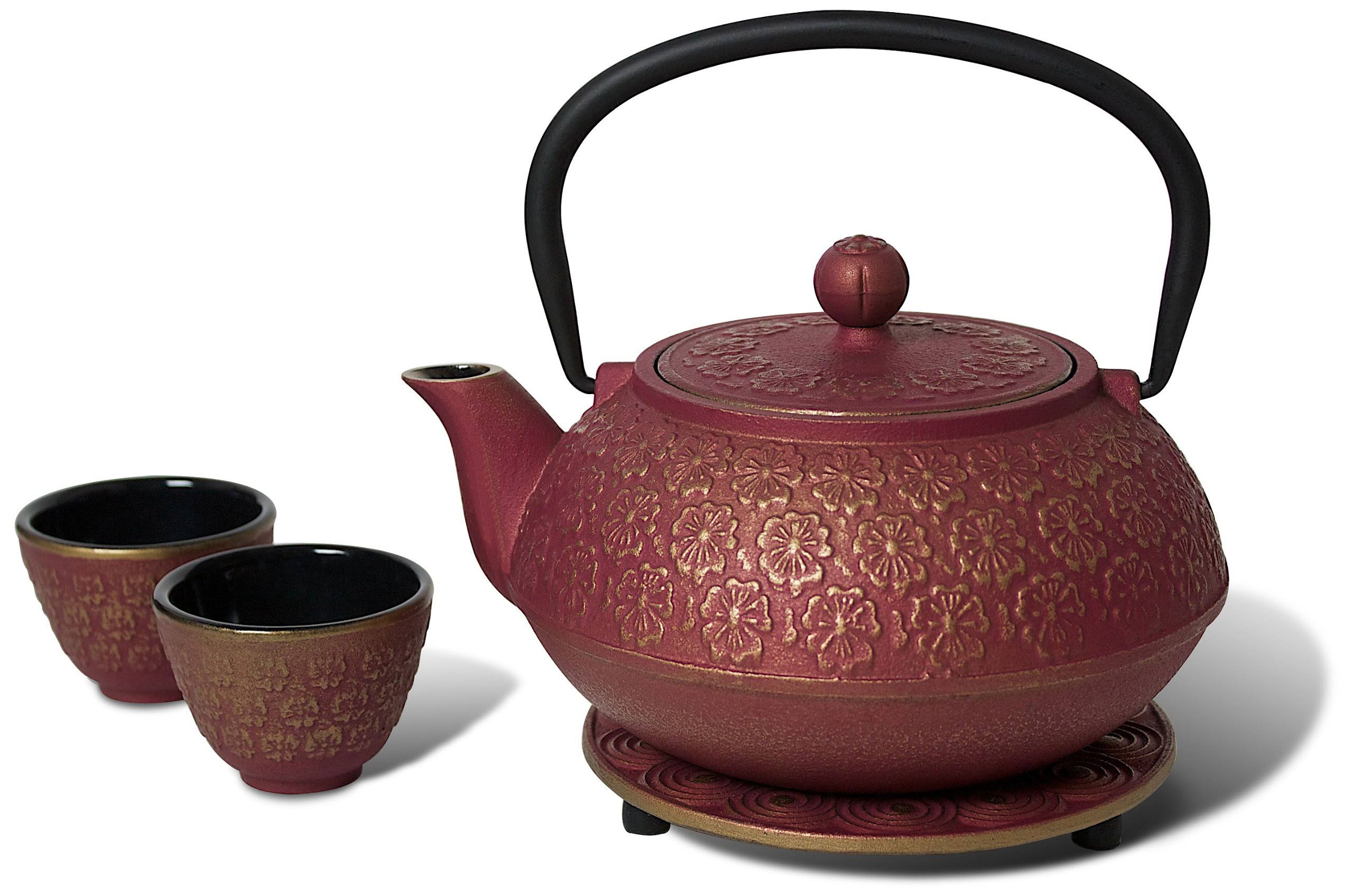 Miya Scarlet Blossom 34-Ounce Cast Iron Teapot and Teacup Set w/ STRAINER and Trivet, Pink