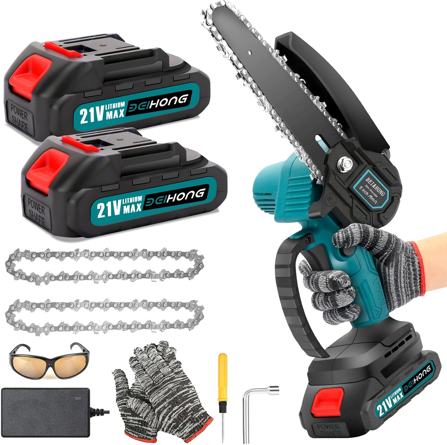 Mini Chainsaw Cordless, 4-Inch Battery powered Chainsaw, Splash Guard & Switch Security Lock, 2 Pcs 24V Rechargeable Battery, Handheld Portable Electric chain saws for Wood Cutting, Tree Pruning Pack of 2