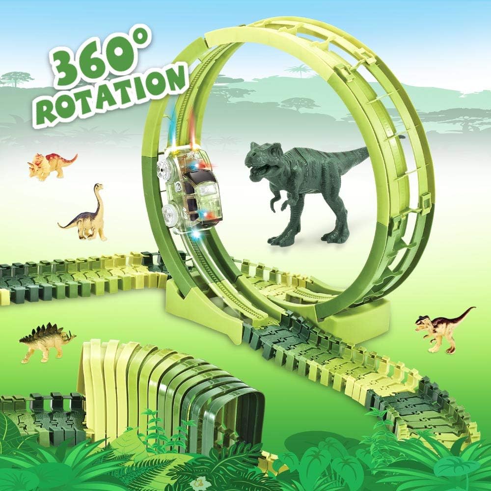 Dinosaur Track Toy Set 280 PCS, Flexible Race Track Playset with 240 Tracks, 2 Race Cars, 1 Ferris Wheel (360 Degree Rotation). 1 Rotary U-Turn Tower, Dinosaur Toy for Kids Boys Girls Ages 3-12