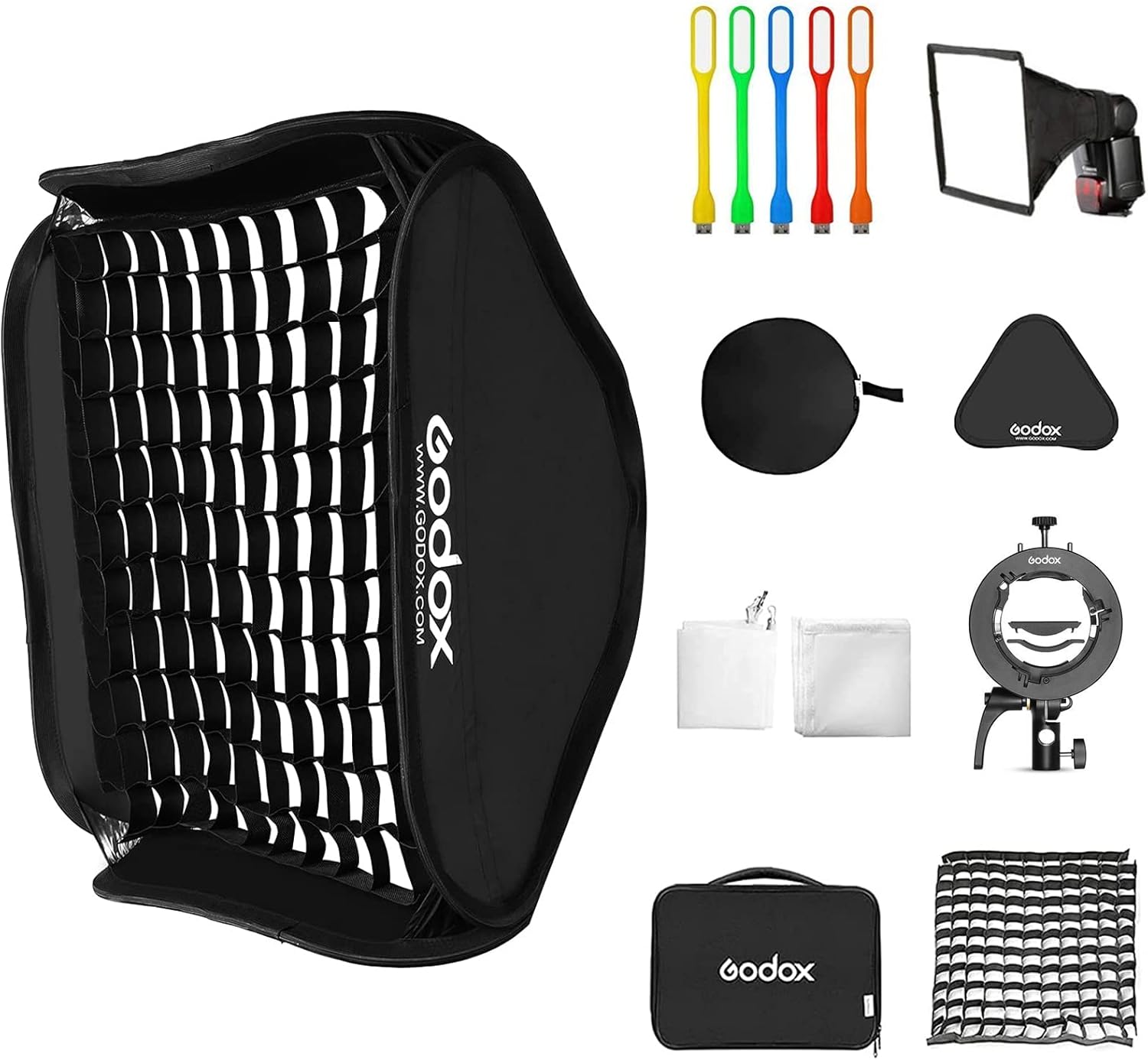 GODOX 24x24inch / 60x60cm Foldable Softbox & Grid with Godox S2 S-Type Speedlite Bracket Bowens Mount and Carrying Case for Godox V1 AD200Pro AD400Pro AD200 V860II TT685 TT600 Series and other Flashes Pack of 2