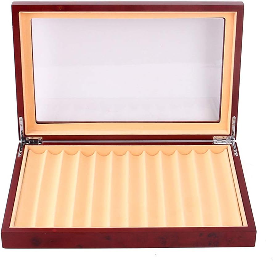 12 Piece Red Wood Pen Display Case Storage Box with Lod,Top Glass Window Pen Collection Orangizer Box Pack of 2