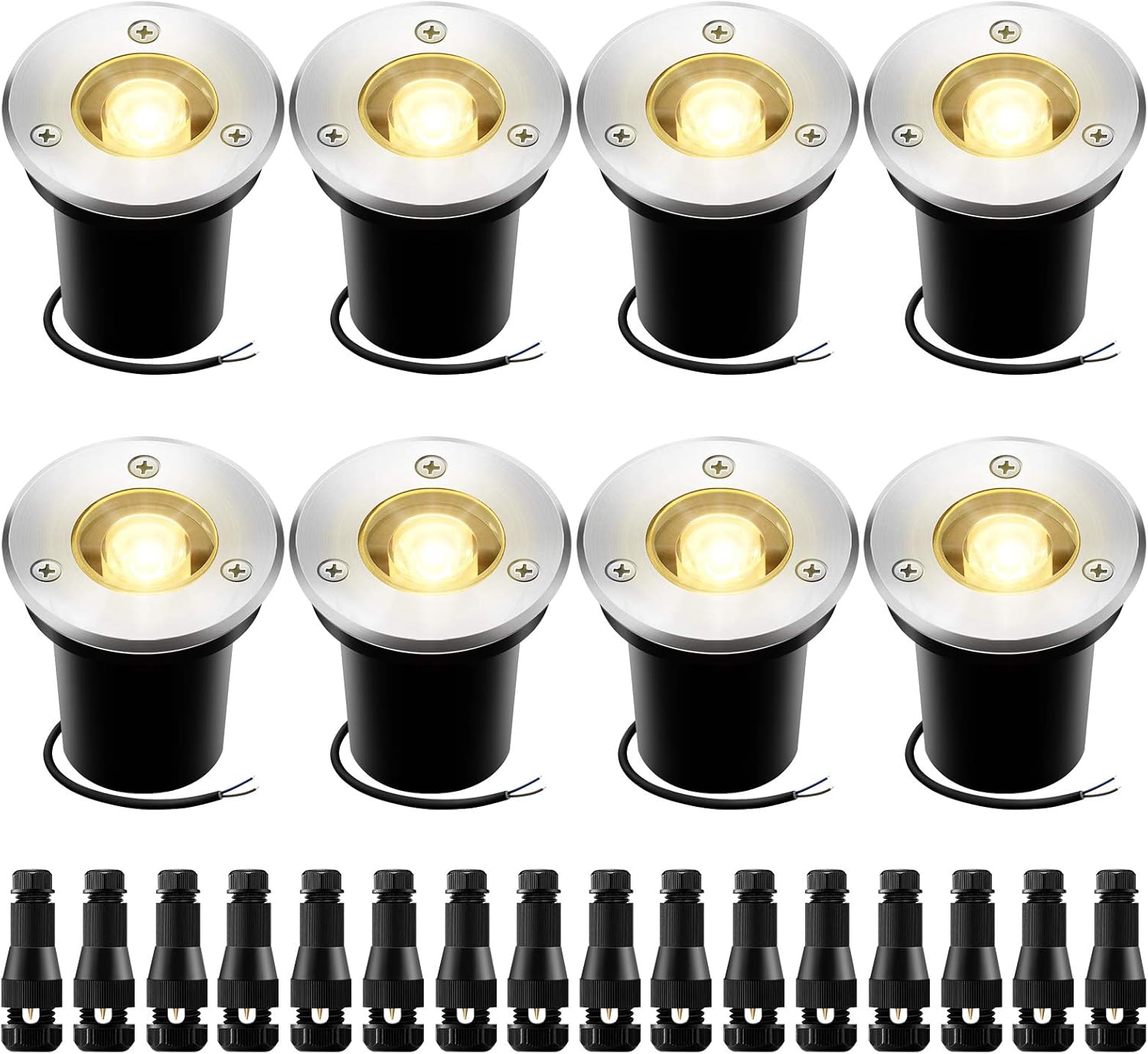 Well Lights Sunriver 3W Low Voltage Landscape Lights Outdoor In-Ground Lights with Connectors Waterproof 12V-24V LED Landscape Lighting for Pathway Step Deck Garden Patio Decoration( 8Pack Warm White)