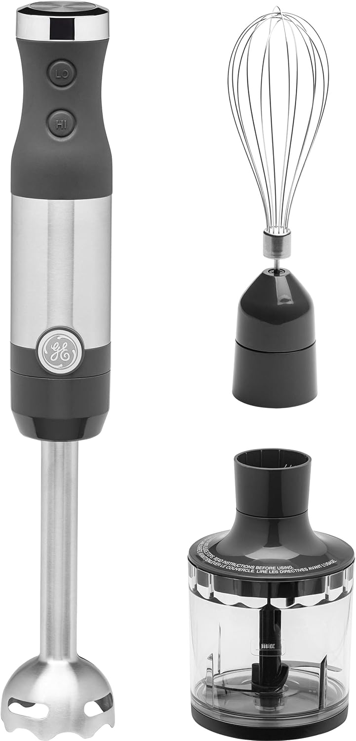 GE Immersion Blender | Handheld Blender for Shakes, Smoothies, Baby Food & More | Includes Whisk & Blending Jar | 2-Speed | Interchangeable Attachment for Easy Clean | 500 Watts | Stainless Steel Pack of 2