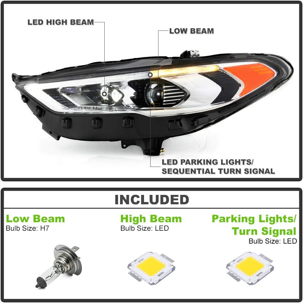 ACANII - For [Halogen w/Signature Lamp Only] 2017-2020 Ford Fusion Sequential Signal Blue Start/White LED DRL Headlights