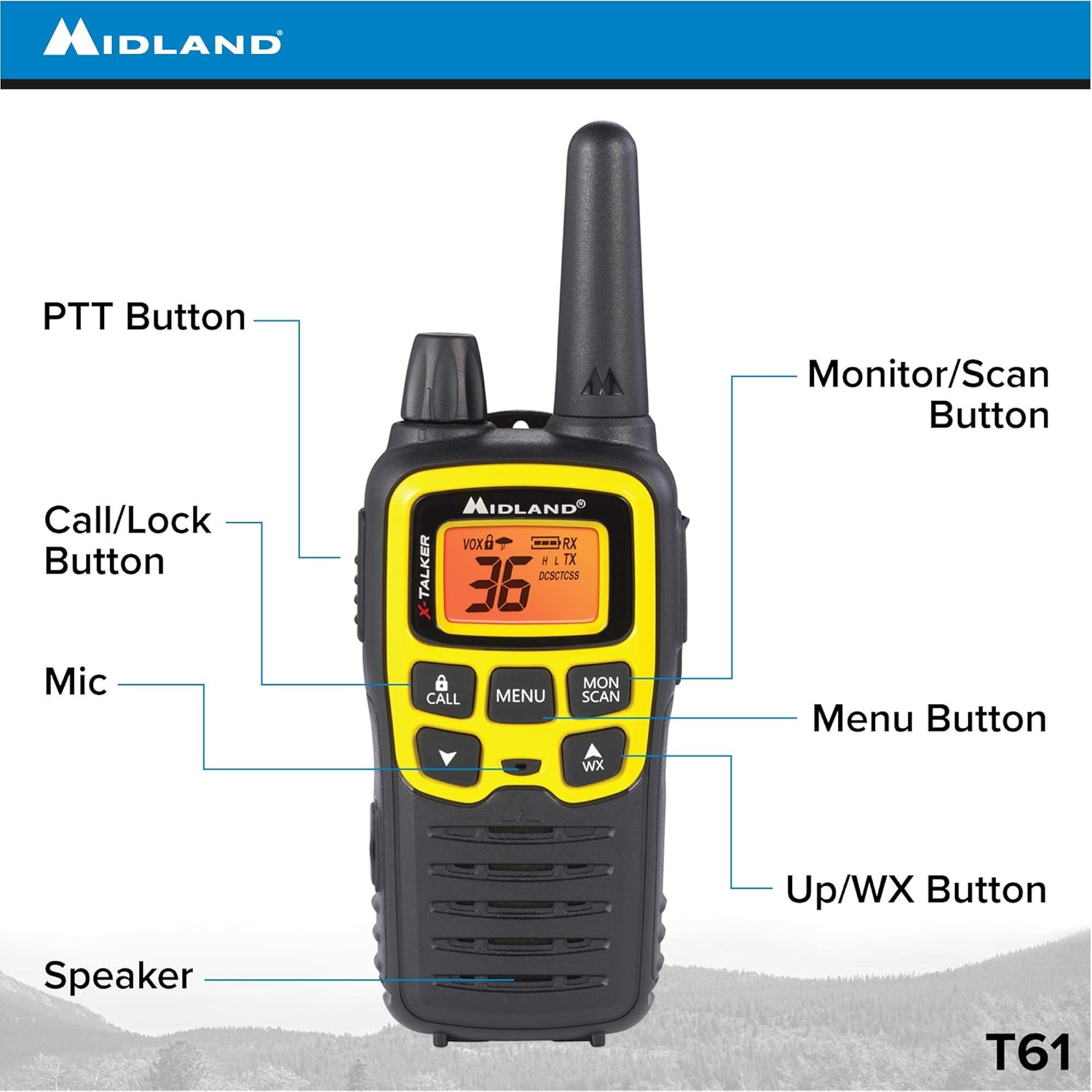 Midland X-TALKER 36 Channel FRS Two-Way Radio - Long Range Walkie Talkie, 121 Privacy Codes, & NOAA Weather Scan + Alert (Black/Yellow, 2-Pack)