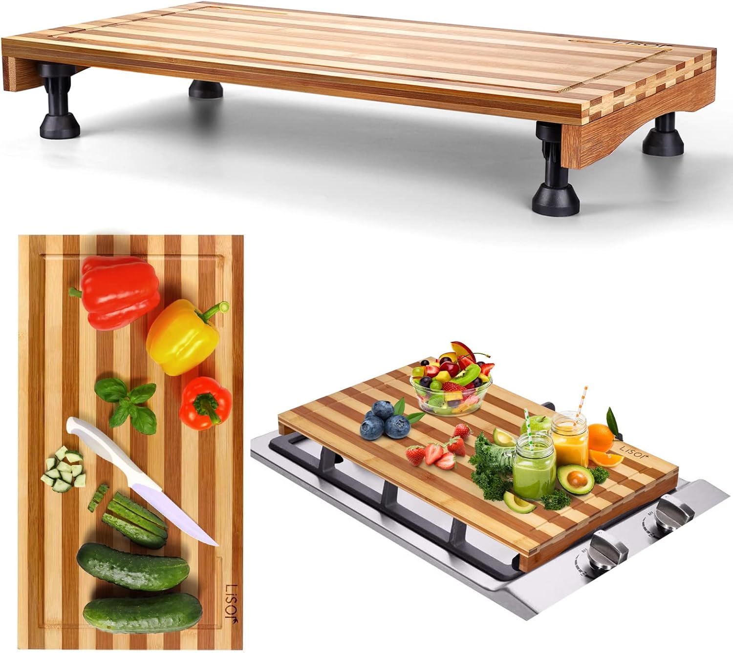 Bamboo Stovetop Cover & Countertop Cutting Board with Adjustable Legs, Dual-purpose Chopping Board for Electric Stove Burner, Workspace Block Cover for RV Camping Camper Gas Cook Top Cover (2 Burner) Pack of 2