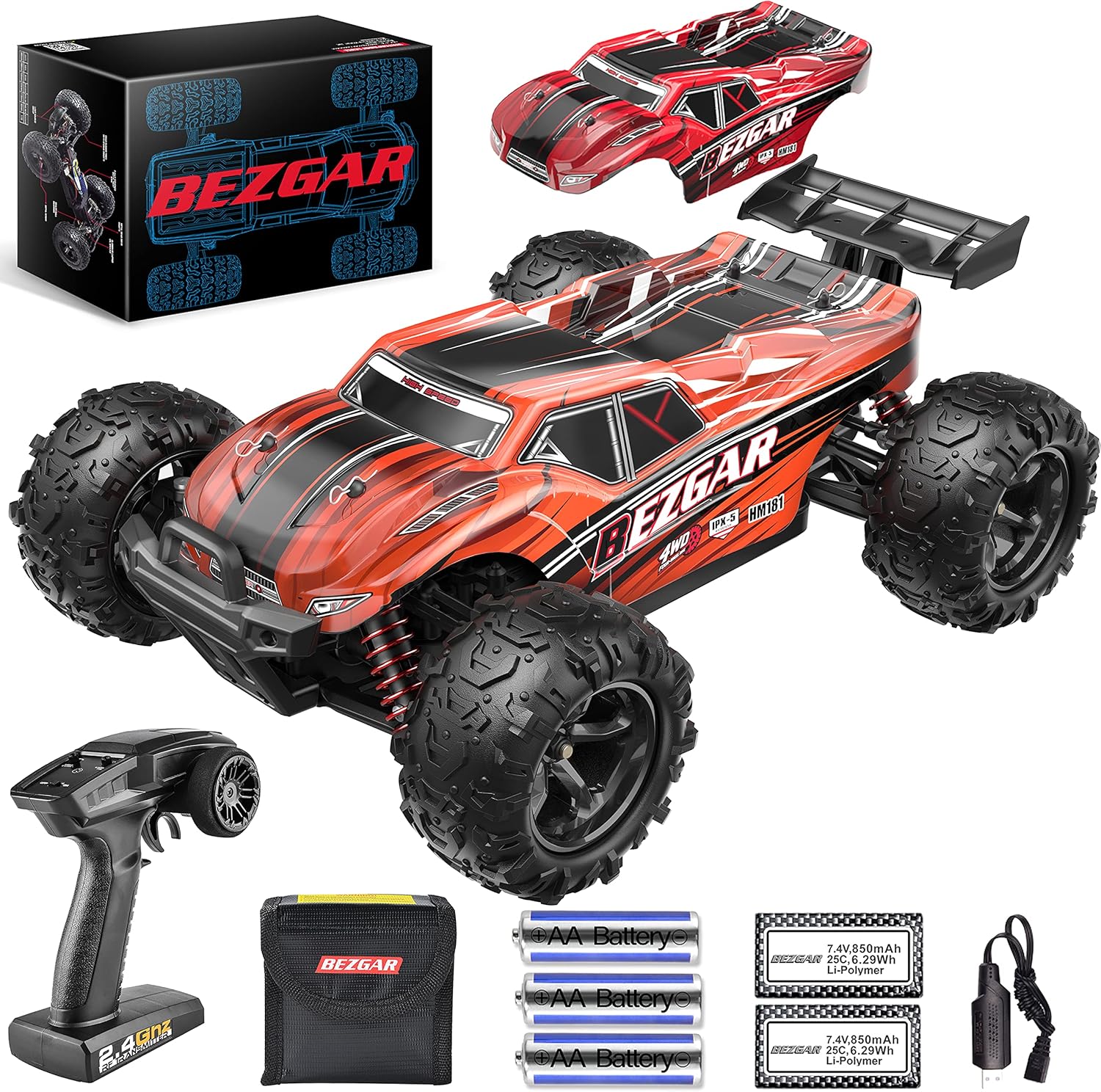 BEZGAR HM181 Hobby Grade 1:18 Scale Remote Control Monster Vehicle Trucks - 4WD Top Speed 35 Km/h All Terrains Off Road RC Truck, Waterproof RC Car with 2 Rechargeable Batteries for Kids and Adults Pack of 2
