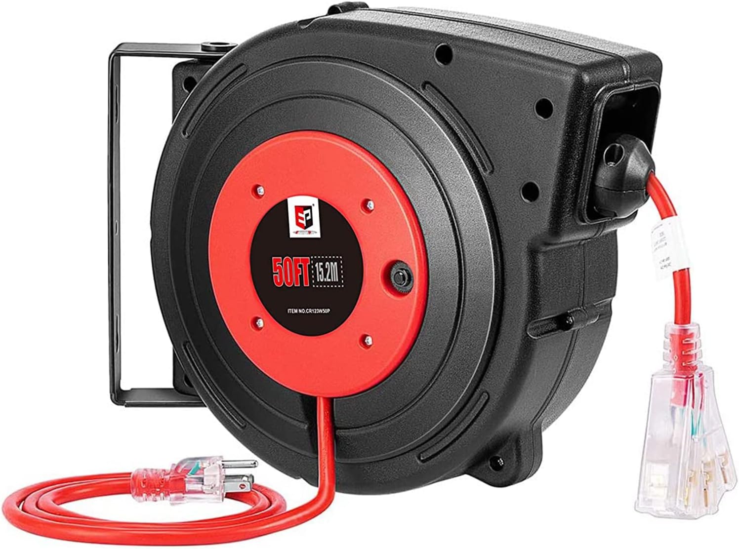 EP Retractable Extension Cord Reel, 50 Ft Heavy Duty Power Cord, 12 AWG/3C SJTOW, 15 AMP Circuit Breaker, Lighted Triple Tap, Ceiling or Wall Mount, UL Listed