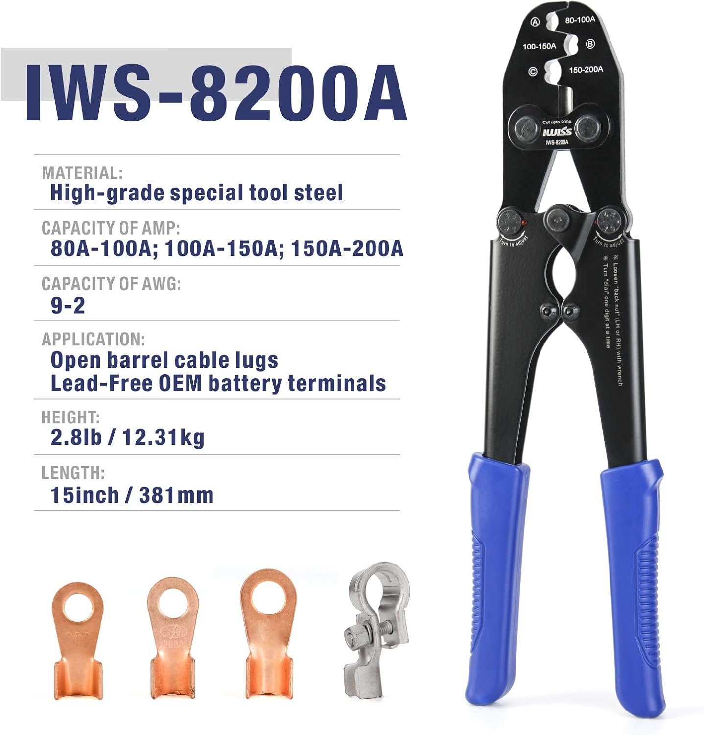 IWISS IWS-8200A Battery Lugs and Open Barrel Connectors Crimping Tools works with Wire AWG 9-2 Pack of 2