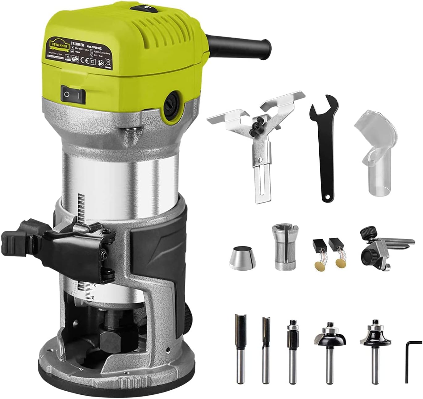 DEWINNER Woodworking Electric Flush Router 710W 13000-33000RPM, 6 Variable Speeds, 3 Clamps 1/4