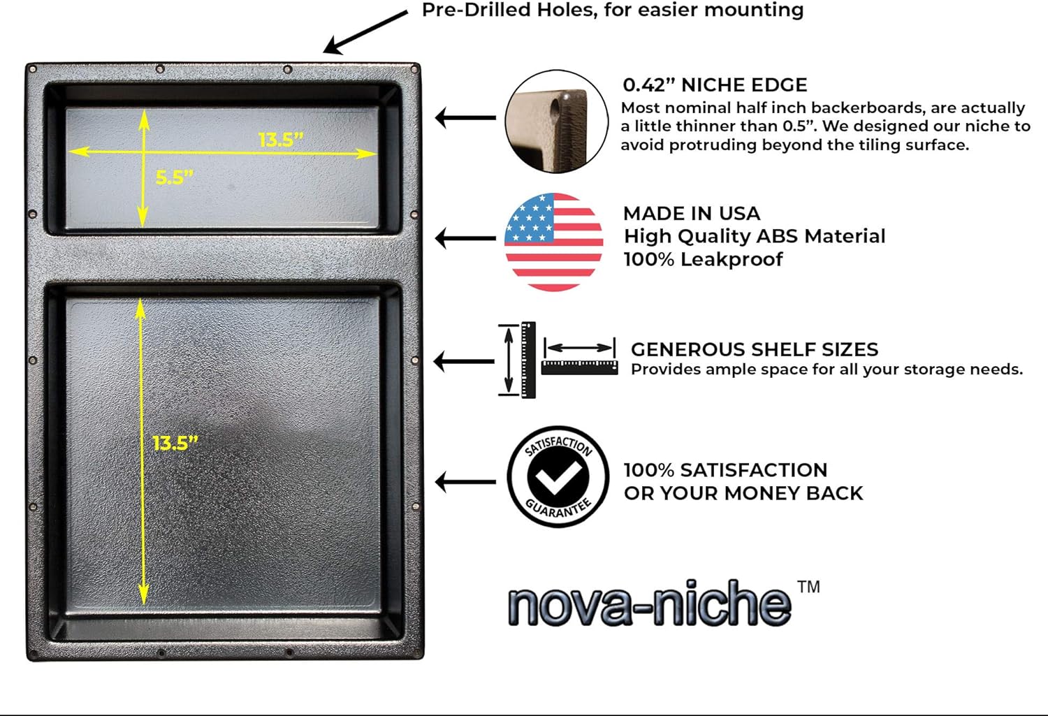 Nova-Niche, Large Recessed Shower Niche, Flush Mount, Ready to Tile, 16