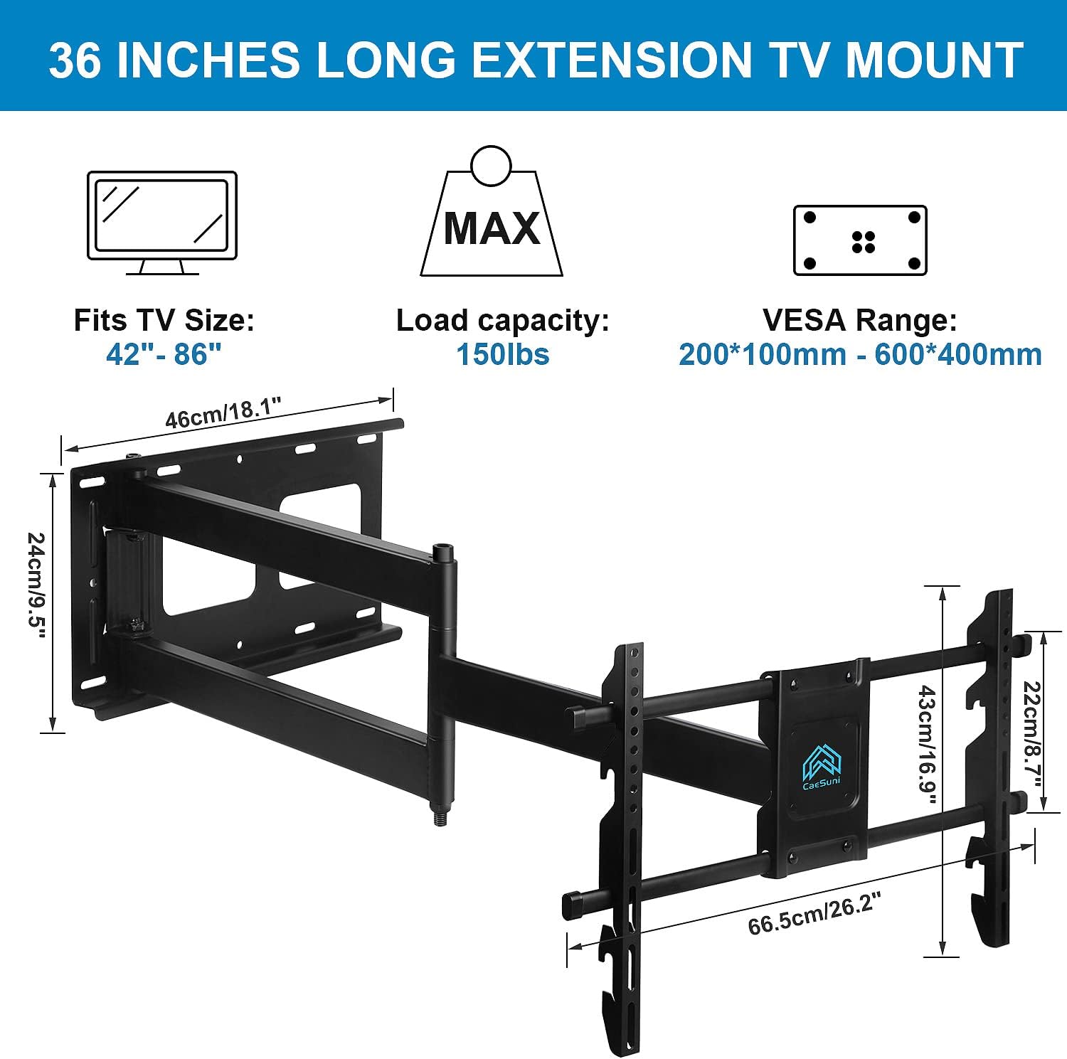 36 Inches Extension Long Arm Corner TV Wall Mount Bracket, Height Setting Full Motion Articulating Wall Mount Bracket Fits 42