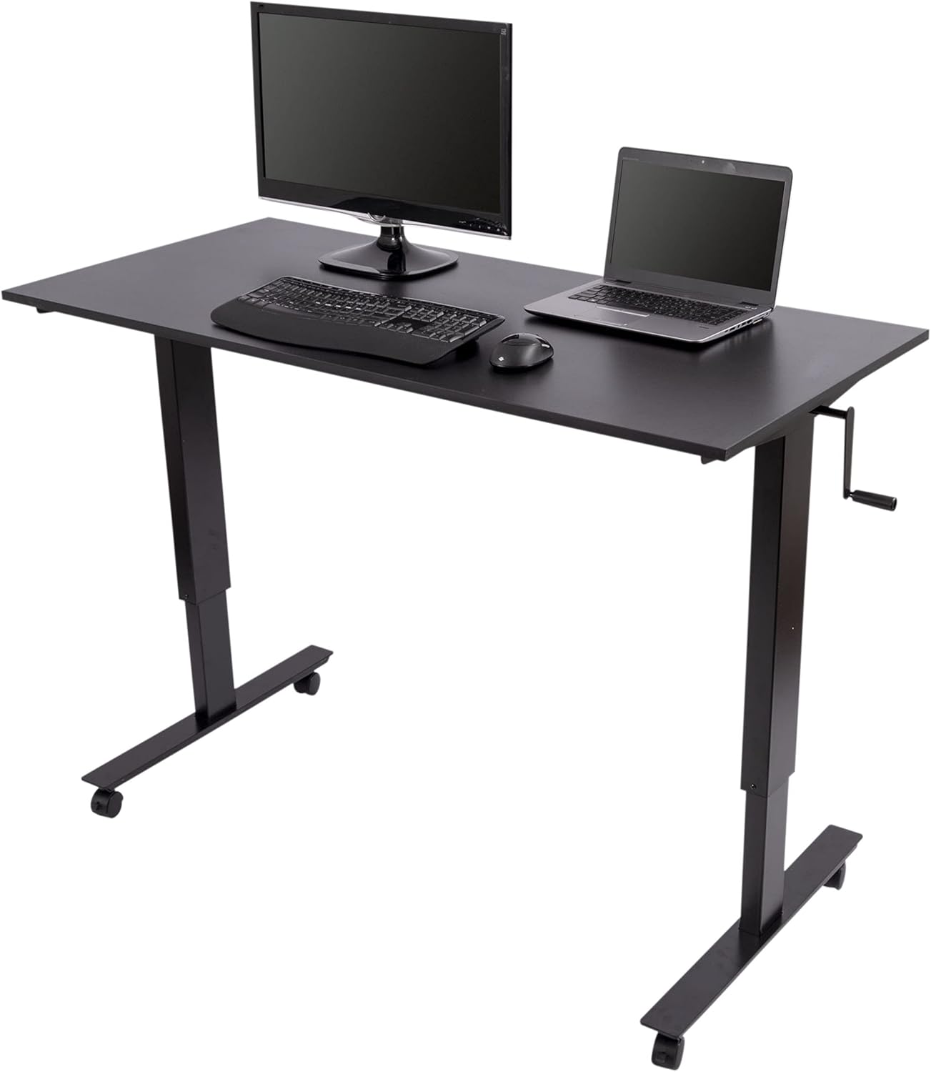 Crank Adjustable Height Standing Desk (56 Inches Wide, Black Frame/Teak Top)