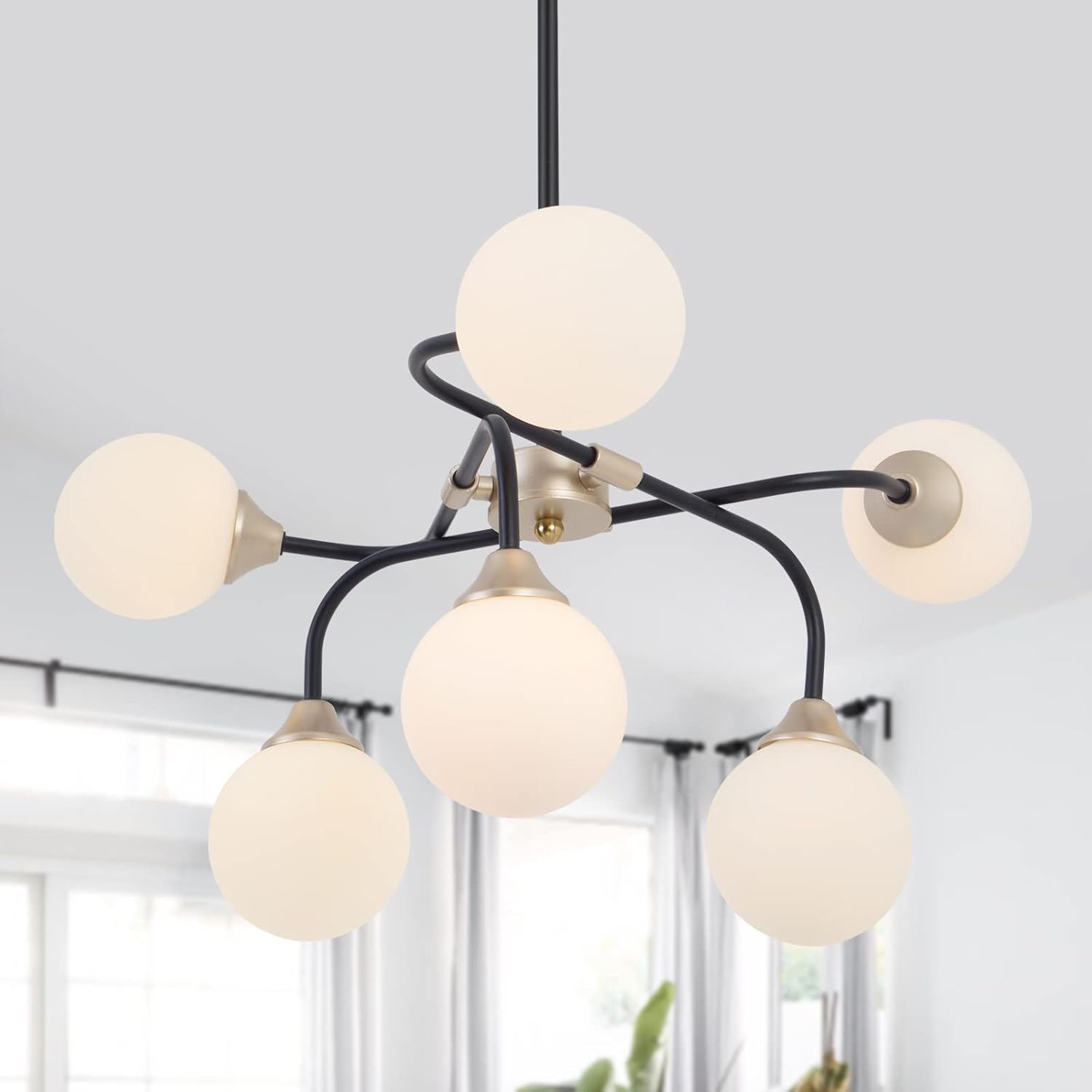 Qamra Modern Sputnik Chandelier, Black Gold 6-Light Chandeliers with White Glass Shade, Metal Pendant Light Lighting Fixture for Living Room Dining Room Stair Entryway Kitchen Island