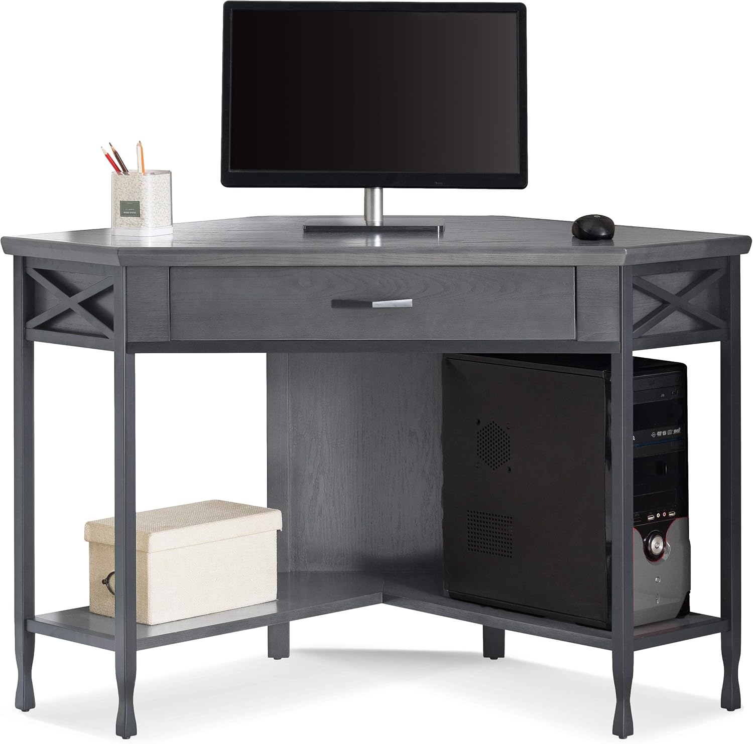 Leick Home 23430 Chisel & Forge Corner Computer Desk with Dropfront Keyboard Drawer, Smoke Gray/Matte Black