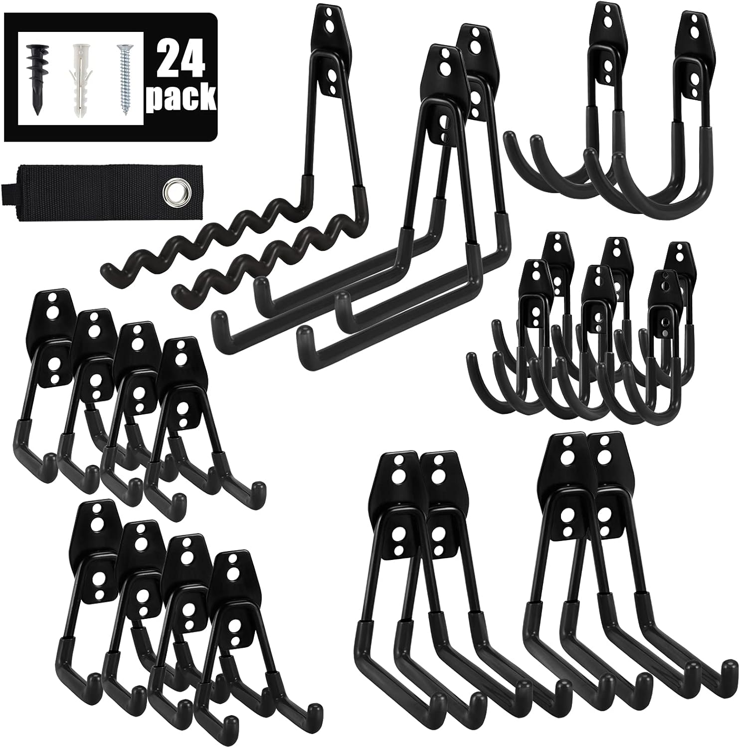 AOBEN Garage Hooks,24Pack Heavy Duty Garage Hanger Organizer Anti-Slip Double Wall Garage Storage Hooks for Ladder, Power Tool,Bike,Ropes (23 hooks & 1 hoder strap)-Black Pack of 2