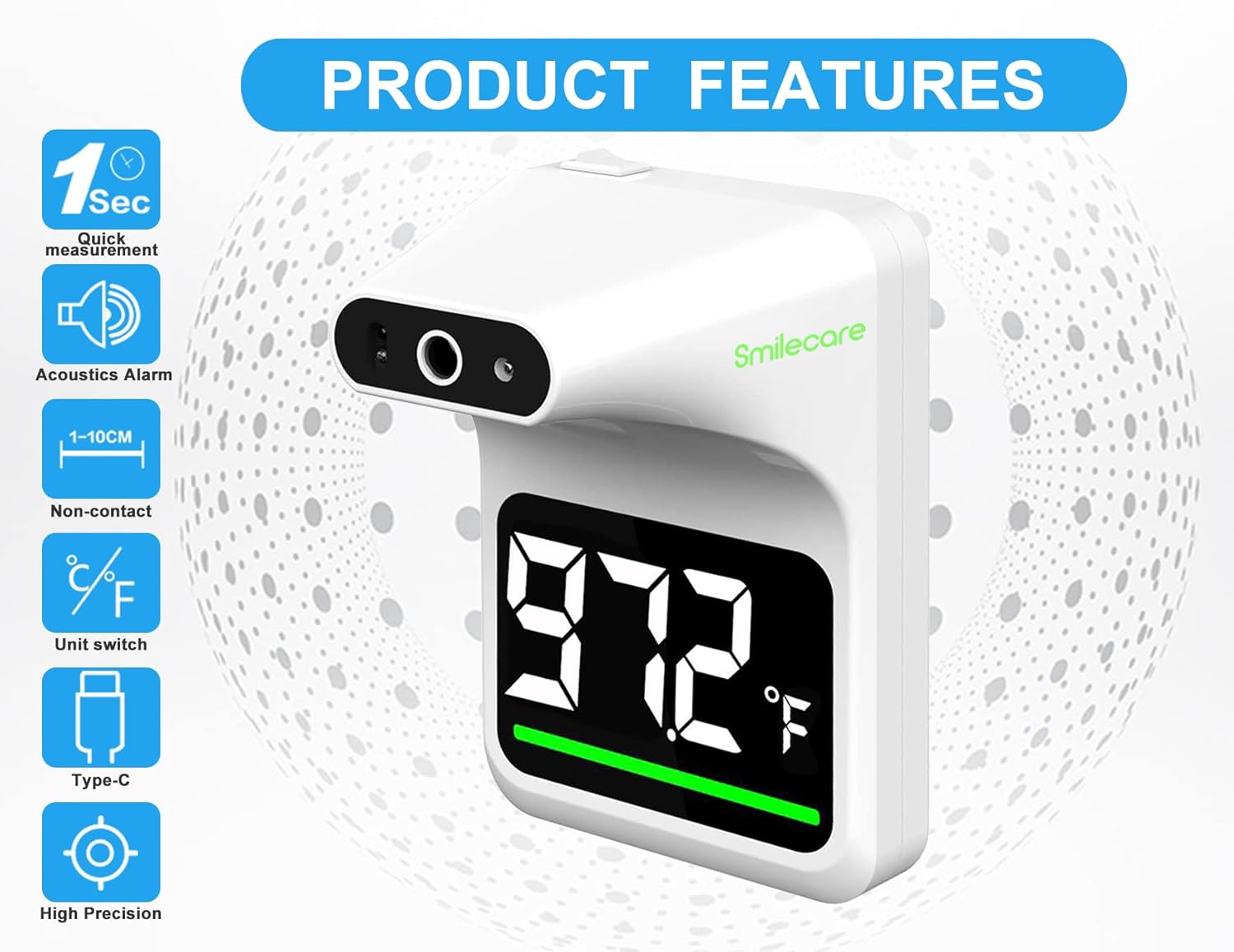 Wall Mounted Thermometer, SmileCare Non-Contact Digital Automatic Infrared Wall Mount Forehead Thermometer for Public Place , Digital Accurate Instant Readings with LCD Display and Fever Alarm